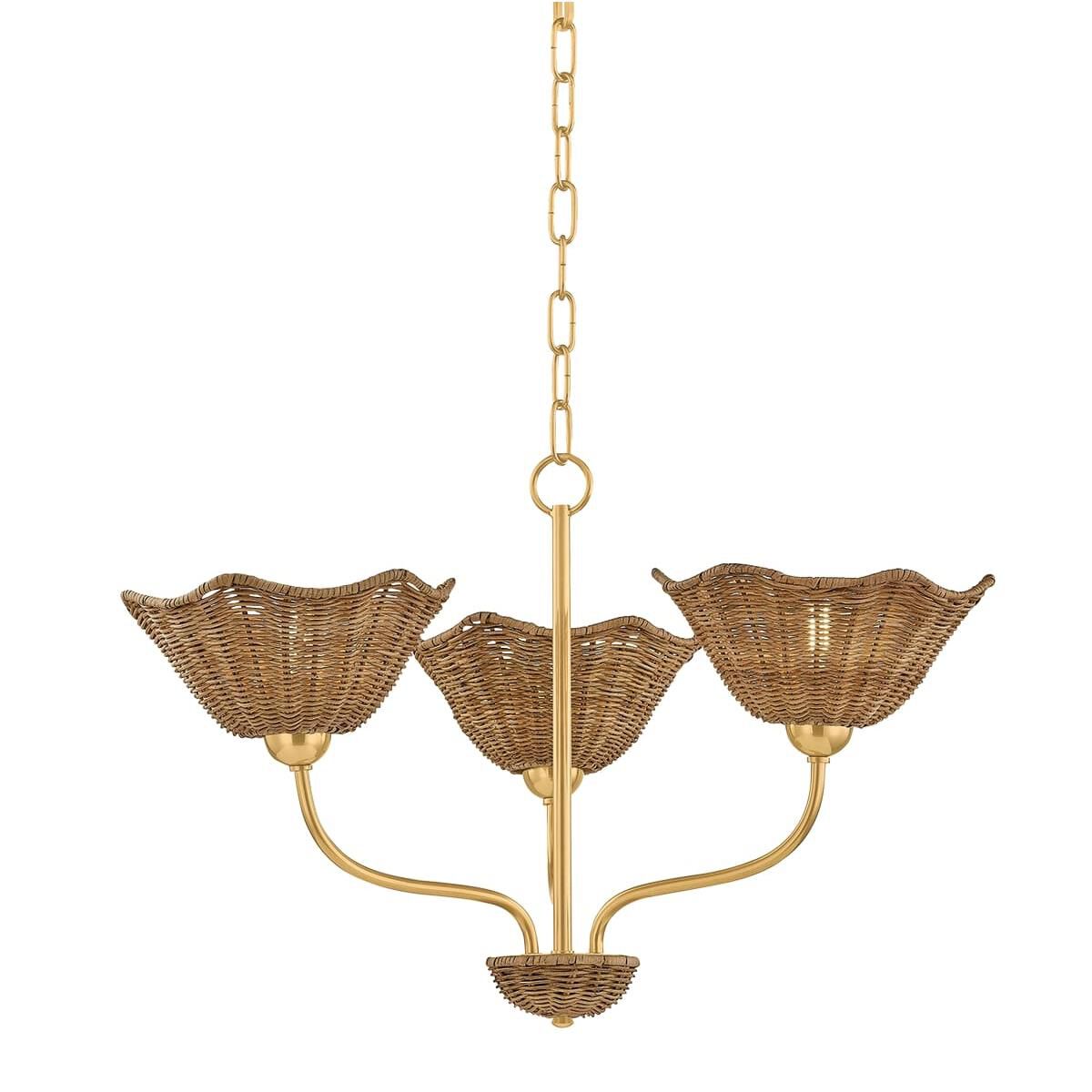 Shown in Aged Brass finish and Light Natural Wicker shade