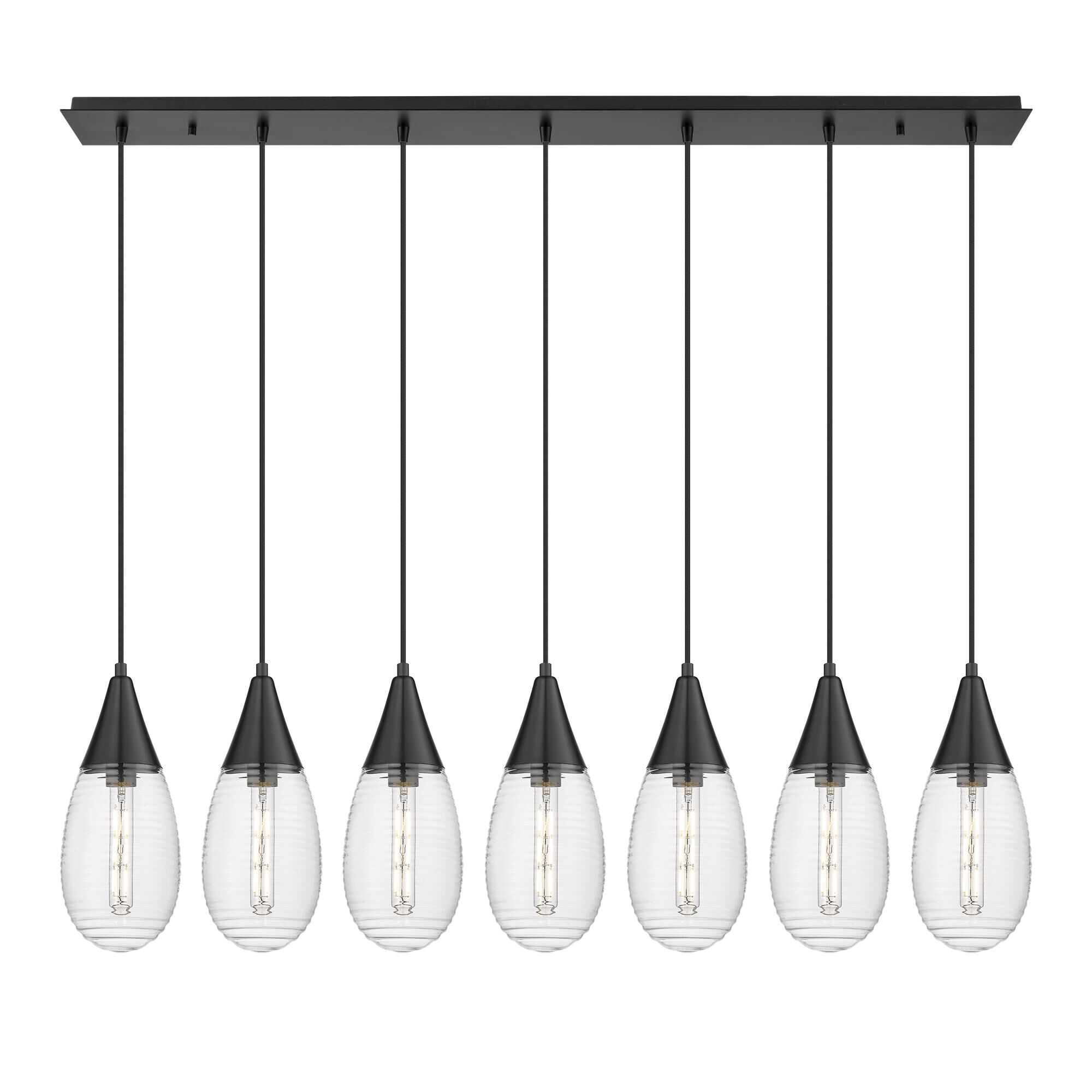 Shown in Matte Black finish and Striped Clear glass and Striped Clear Glass shade