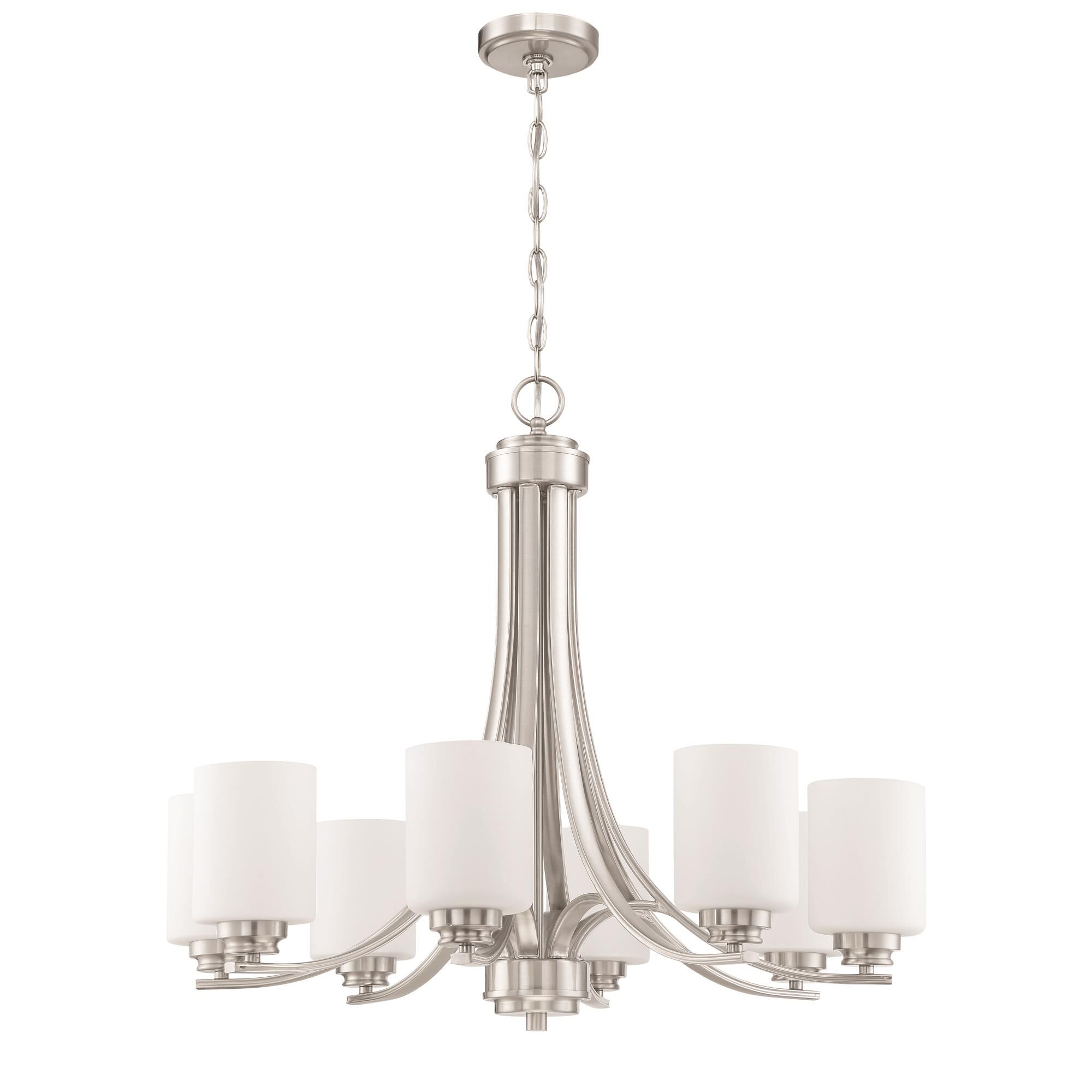 Shown in Brushed Polished Nickel finish and White Frosted glass and Glass shade