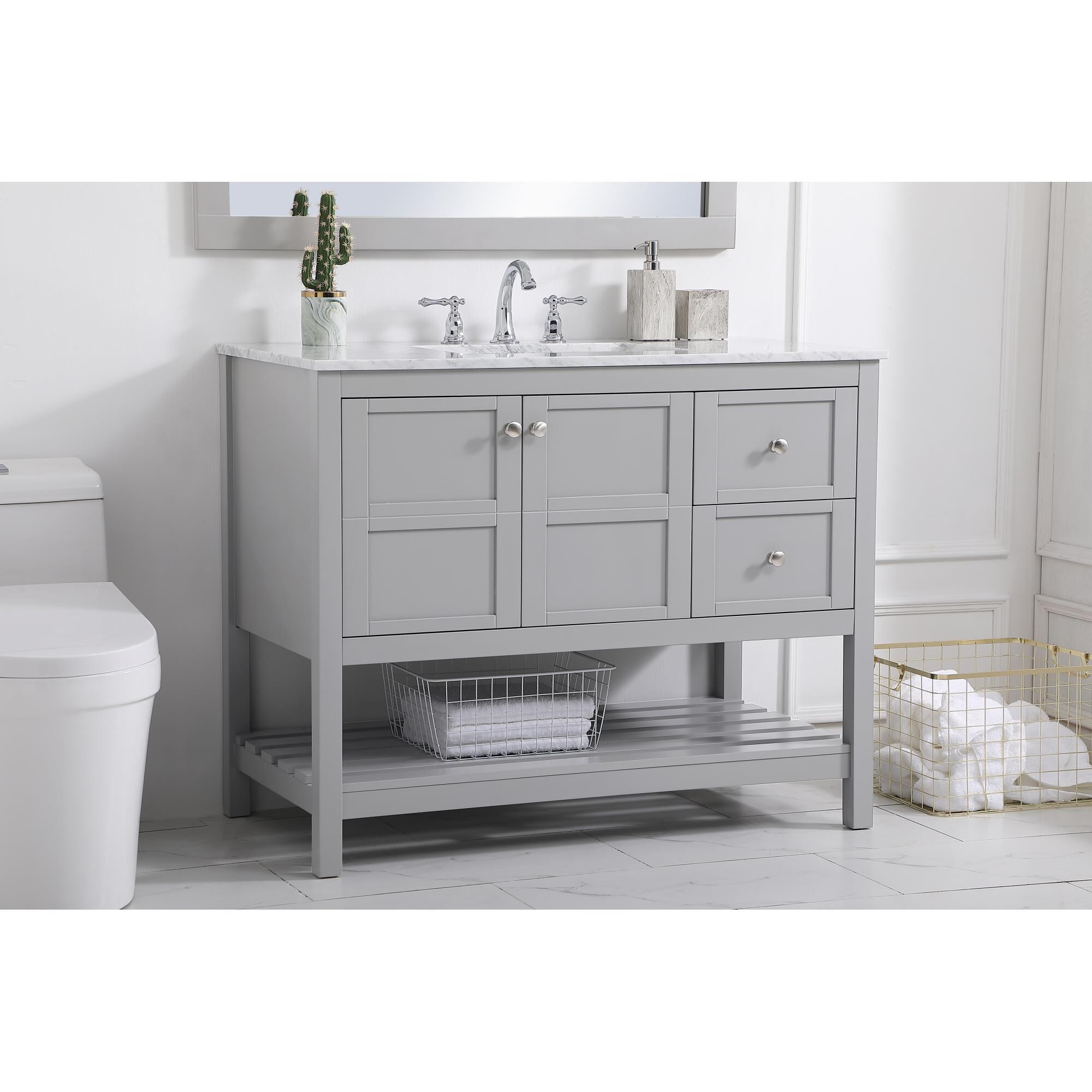 Shown in Gray And Brushed Nickel With Carrara White Marble finish