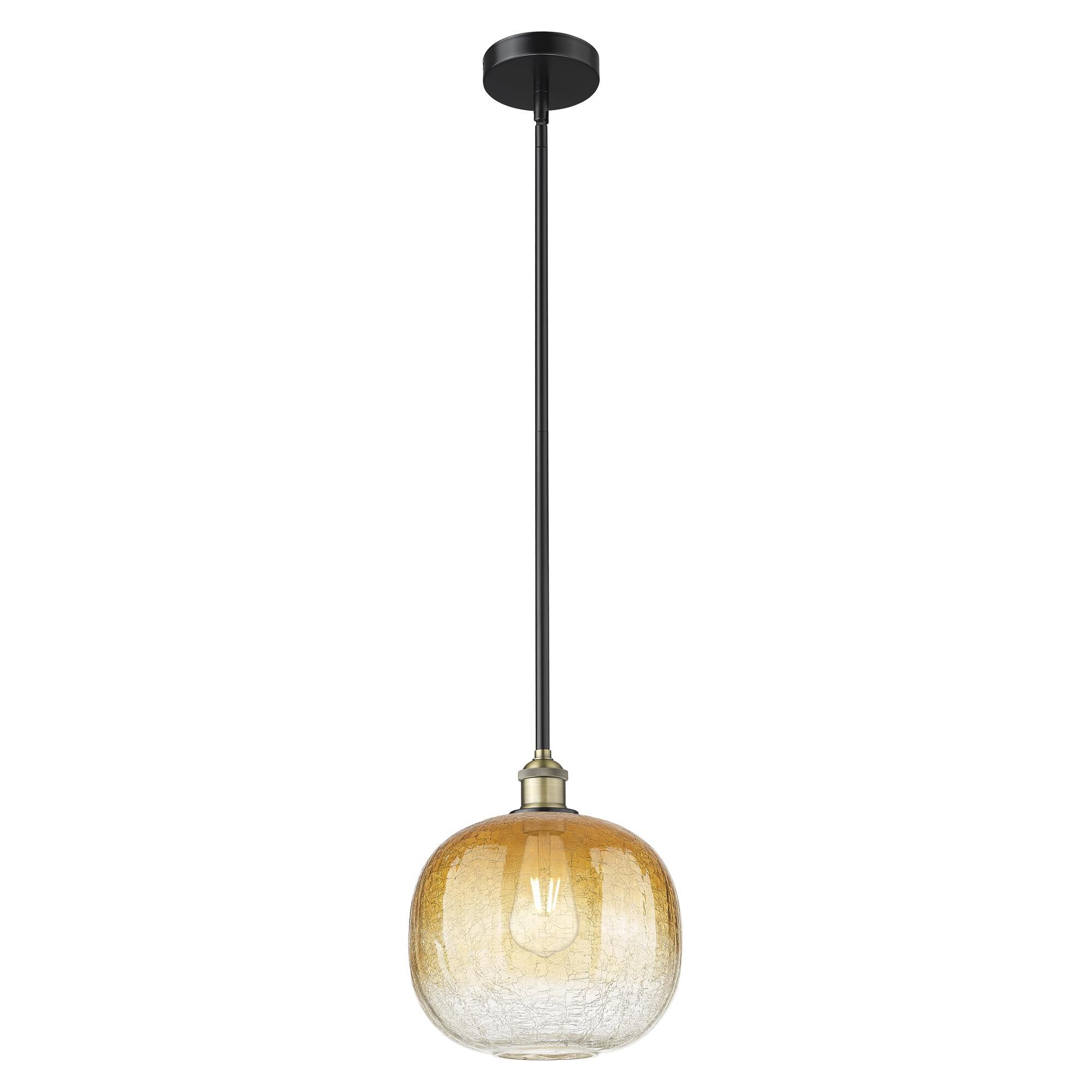 Shown in Black Antique Brass finish and Amber glass