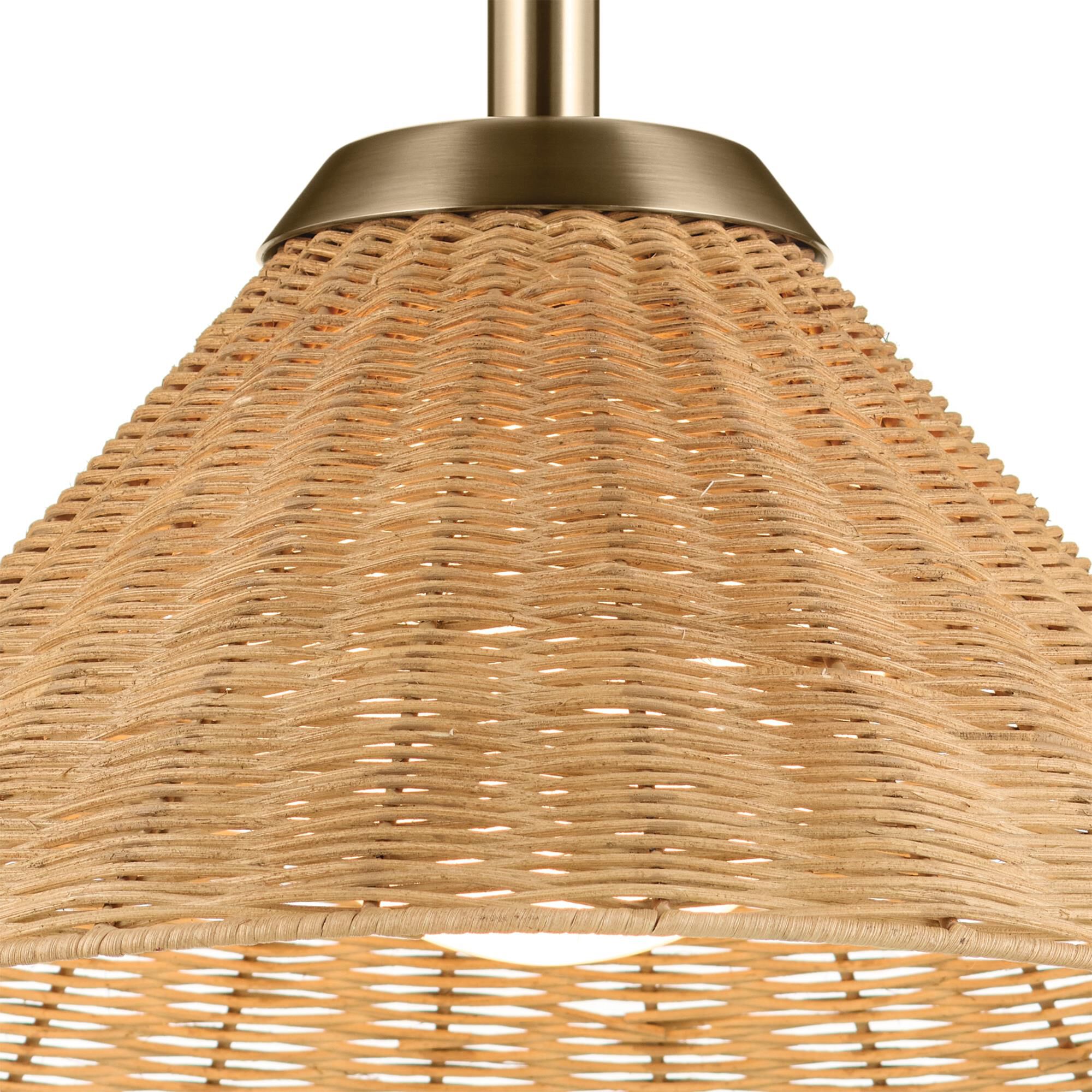 Shown in Champagne Bronze finish and Opal glass and Rattan Textured shade