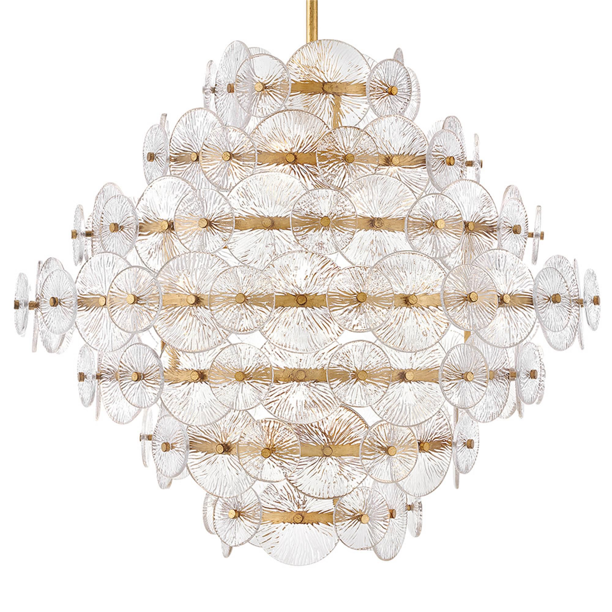 Shown in Distressed Brass finish and Clear Pressed glass