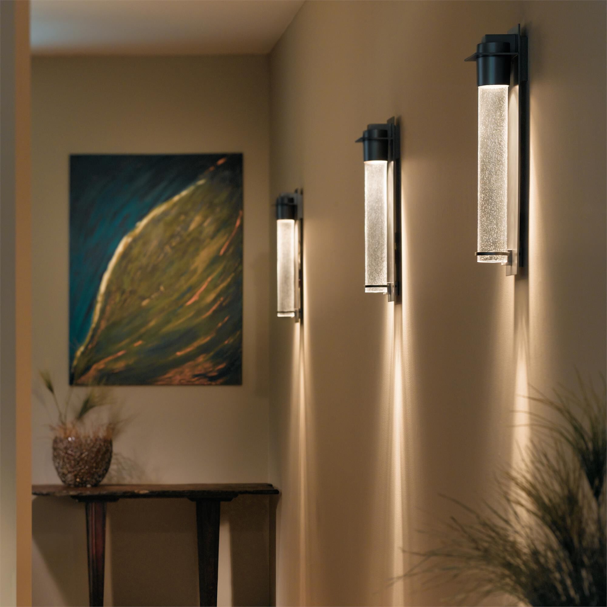Shown in Coastal Burnished Steel finish and Seeded Clear  glass