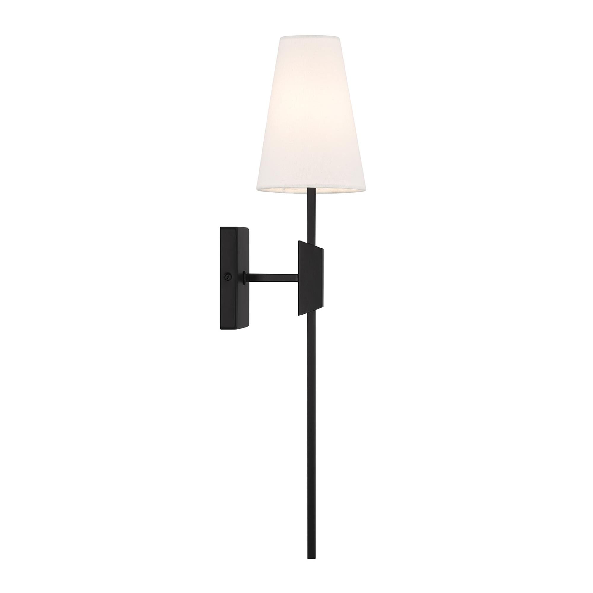 Shown in Matte Black finish and White Linen Fabric shade