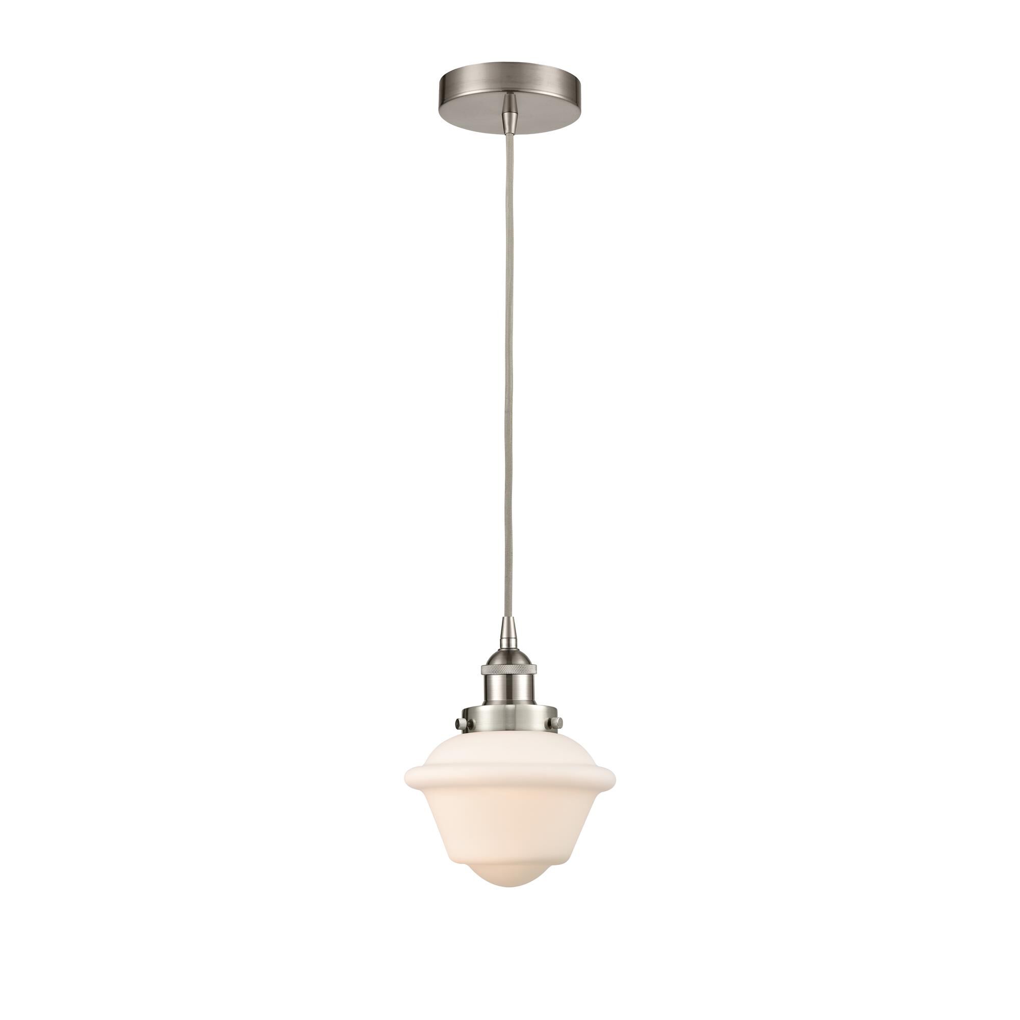 Shown in Brushed Satin Nickel finish and Matte White Cased Small Oxford glass