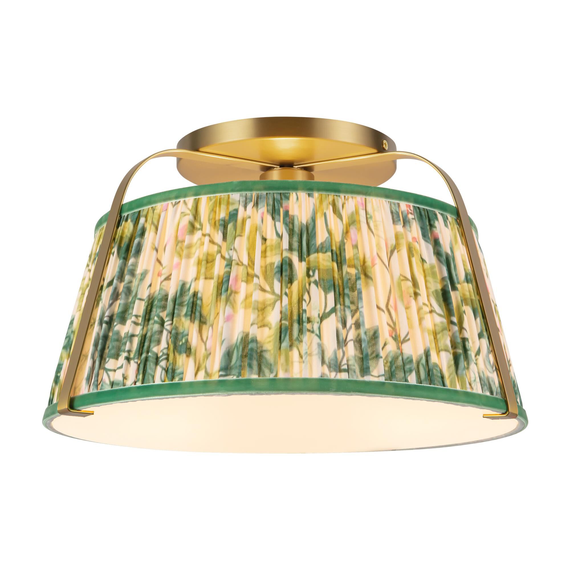 Shown in Brushed Gold finish and Frosted Polycarbonate Diffuser glass and Green Linen shade