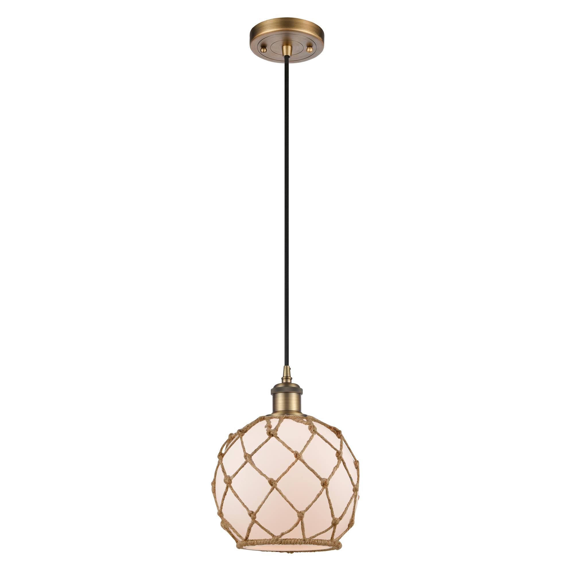 Shown in Brushed Brass finish and White Farmhousewith Brown Rope glass