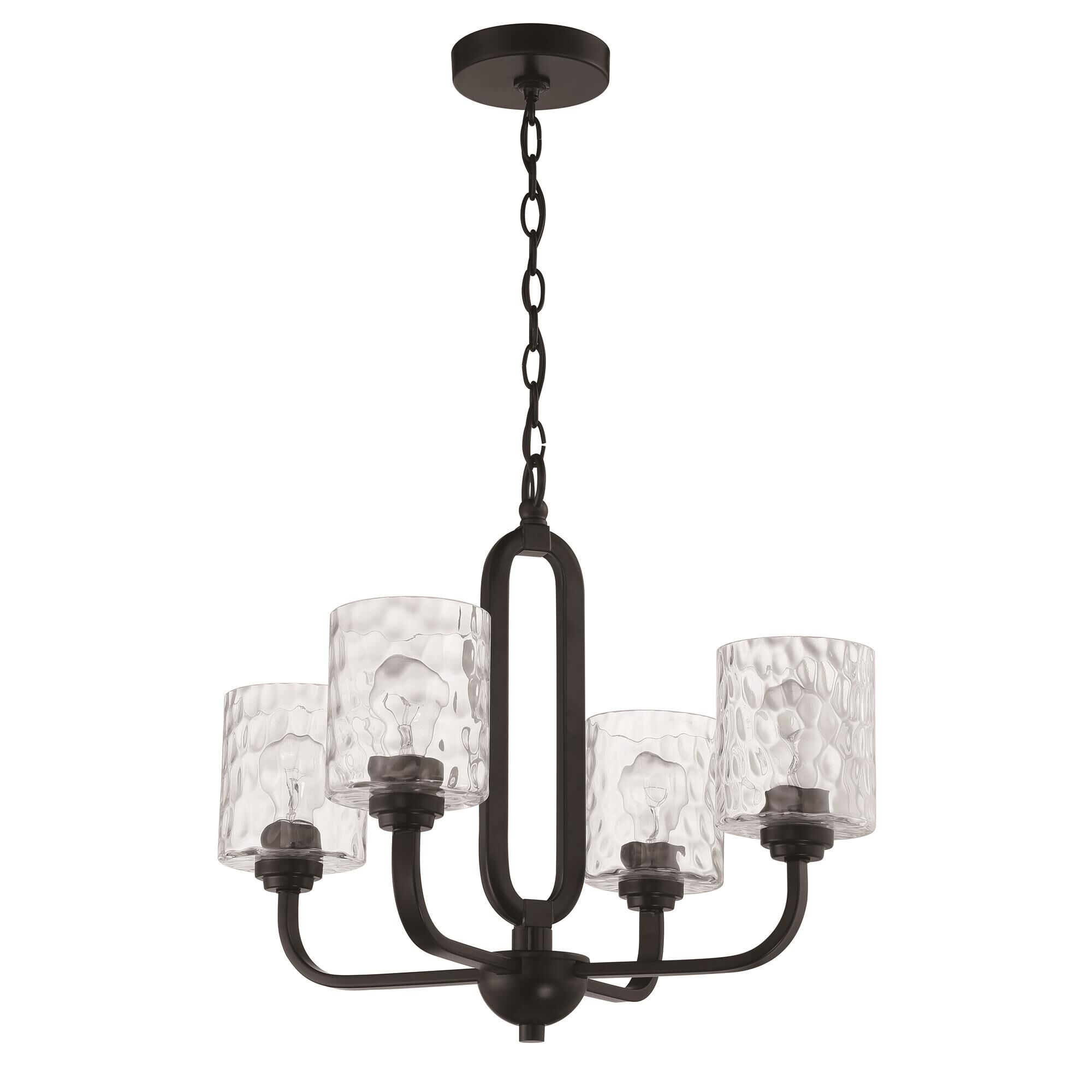 Shown in Flat Black finish and Clear Hammered glass and Glass shade