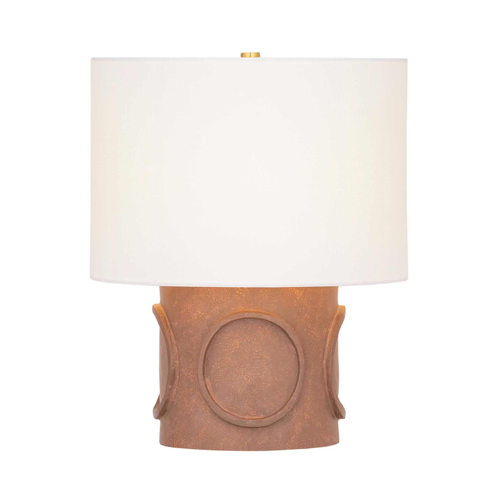 Shown in Aged Brass finish and White Linen shade