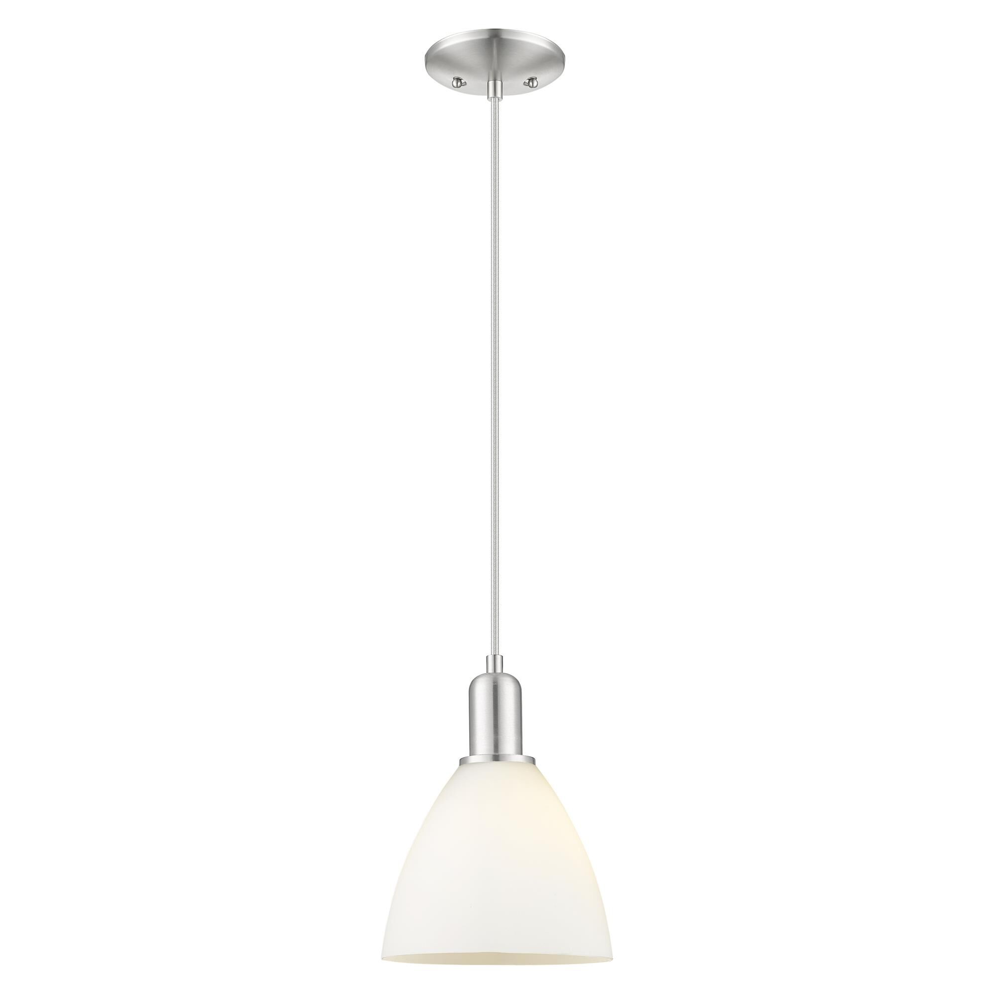 Shown in Brushed Satin Nickel finish and Matte White glass
