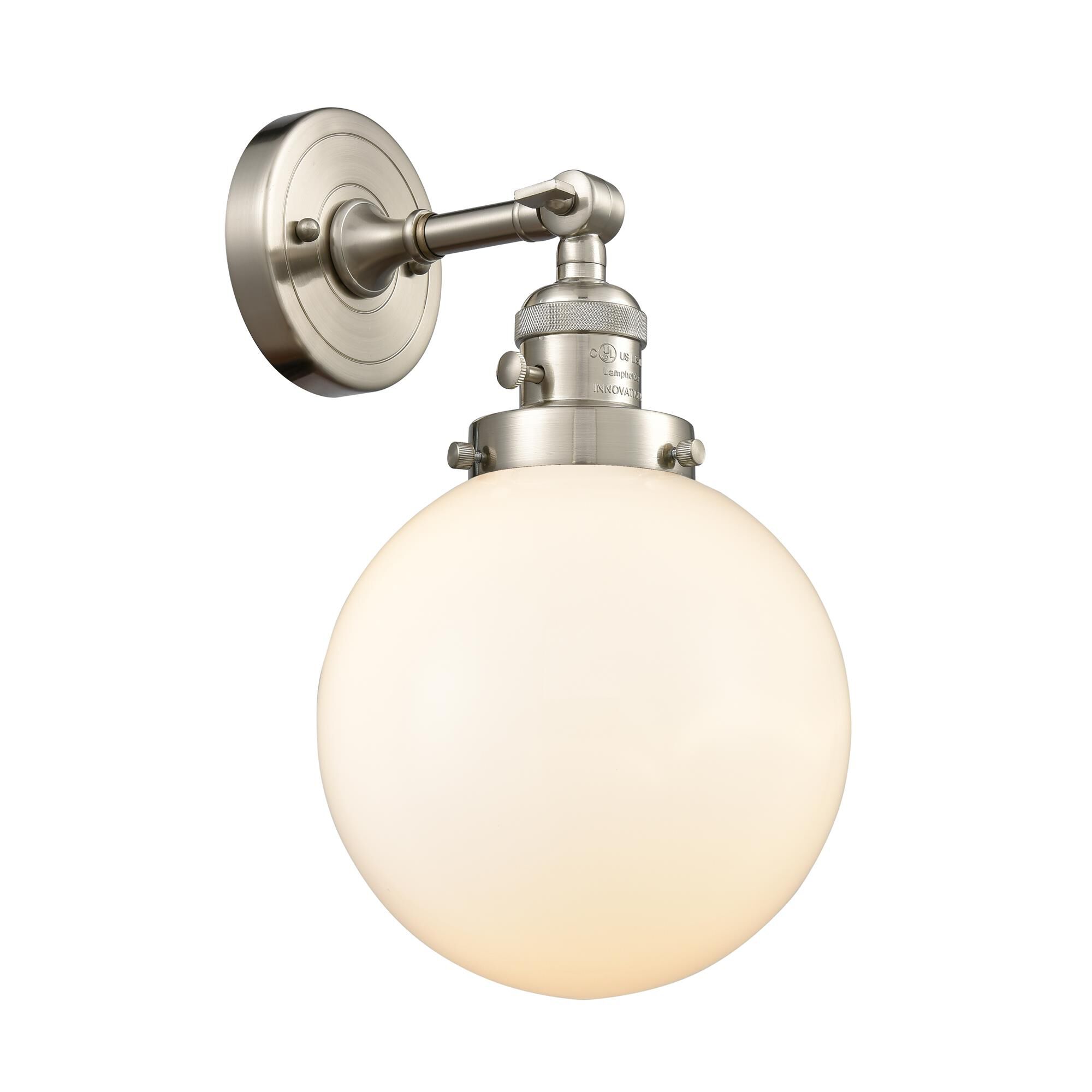 Shown in Brushed Satin Nickel finish and Matte White Cased glass and Switch on Socket accent