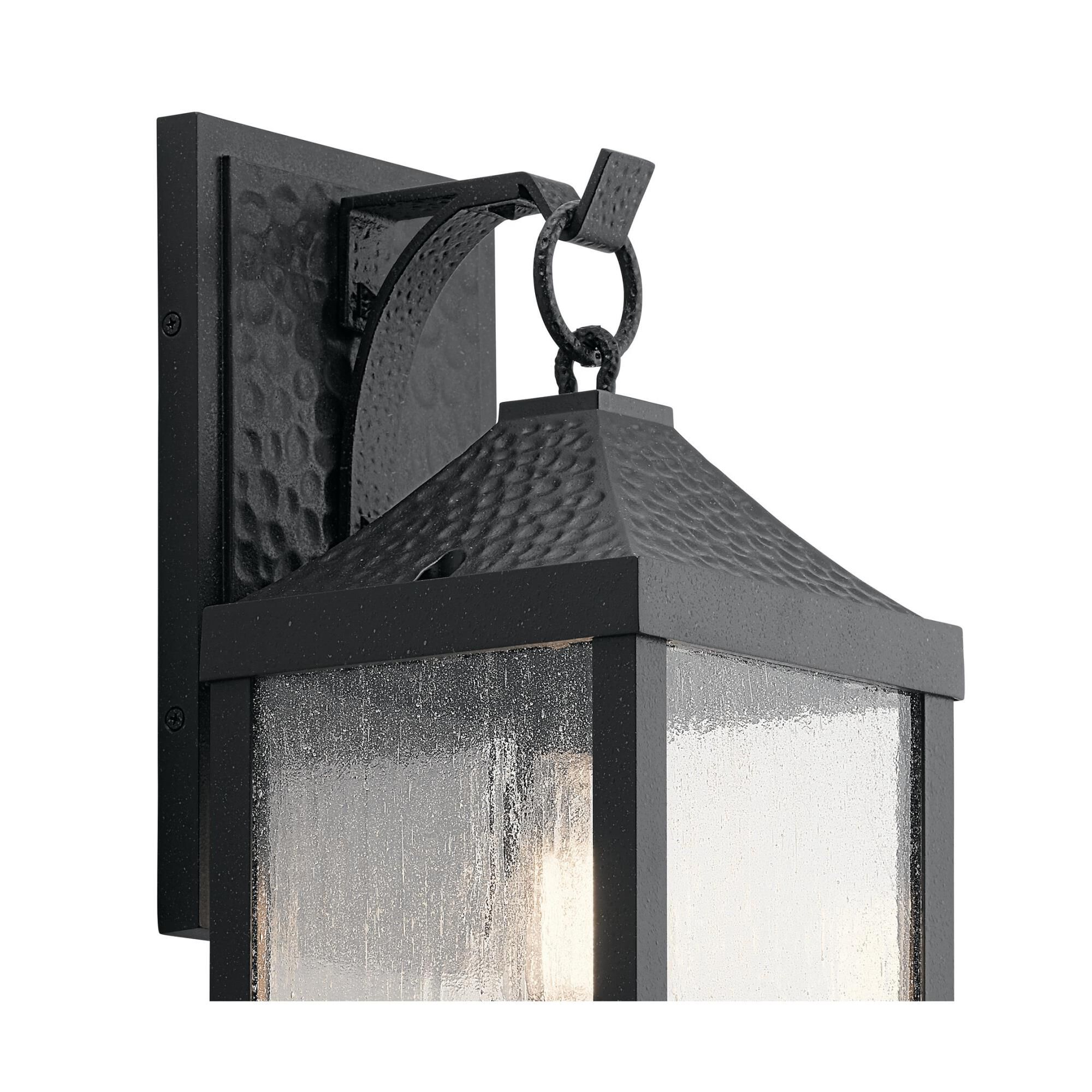 Shown in Distressed Black finish and Clear Seeded glass