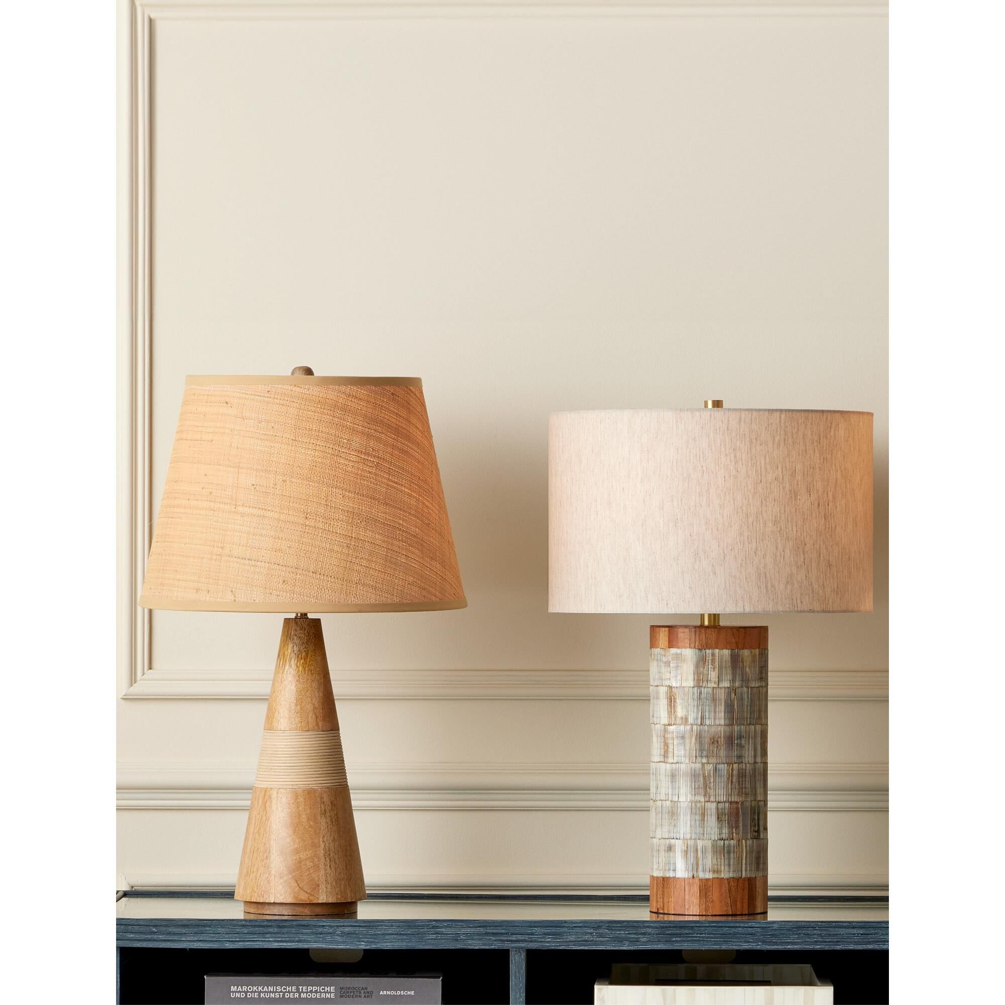 Shown in Natural, Brass finish and Natural Linen shade