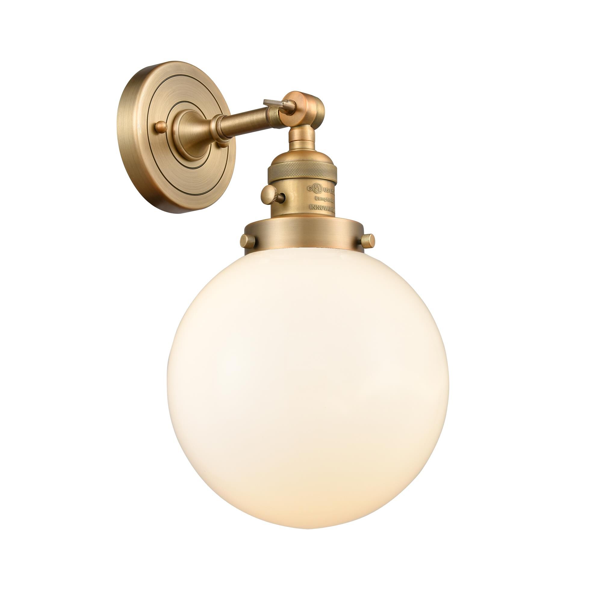 Shown in Brushed Brass finish and Matte White Cased glass and Switch on Socket accent