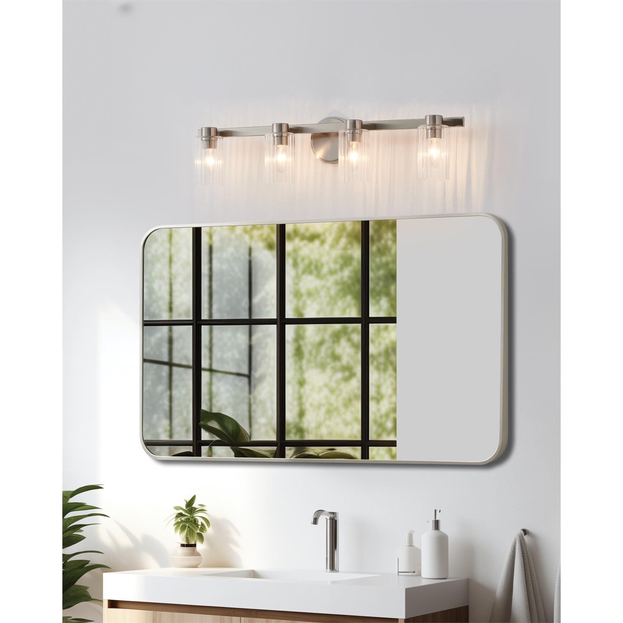 Shown in Brushed Nickel finish and Clear Ribbed glass