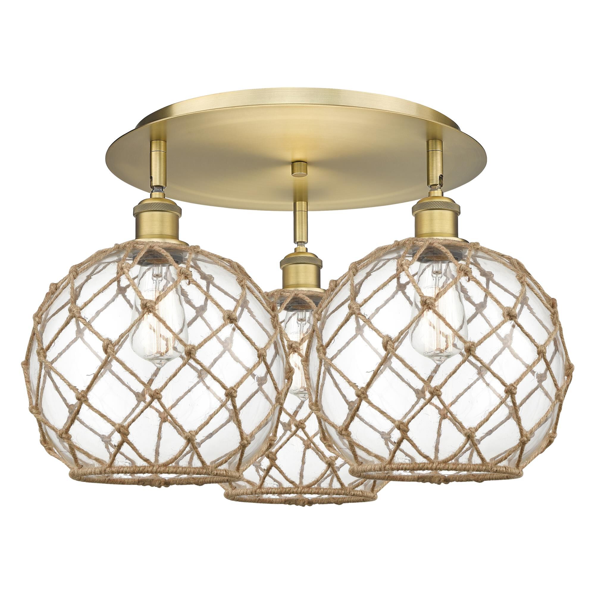 Shown in Brushed Brass finish and Clear with Brown Rope glass