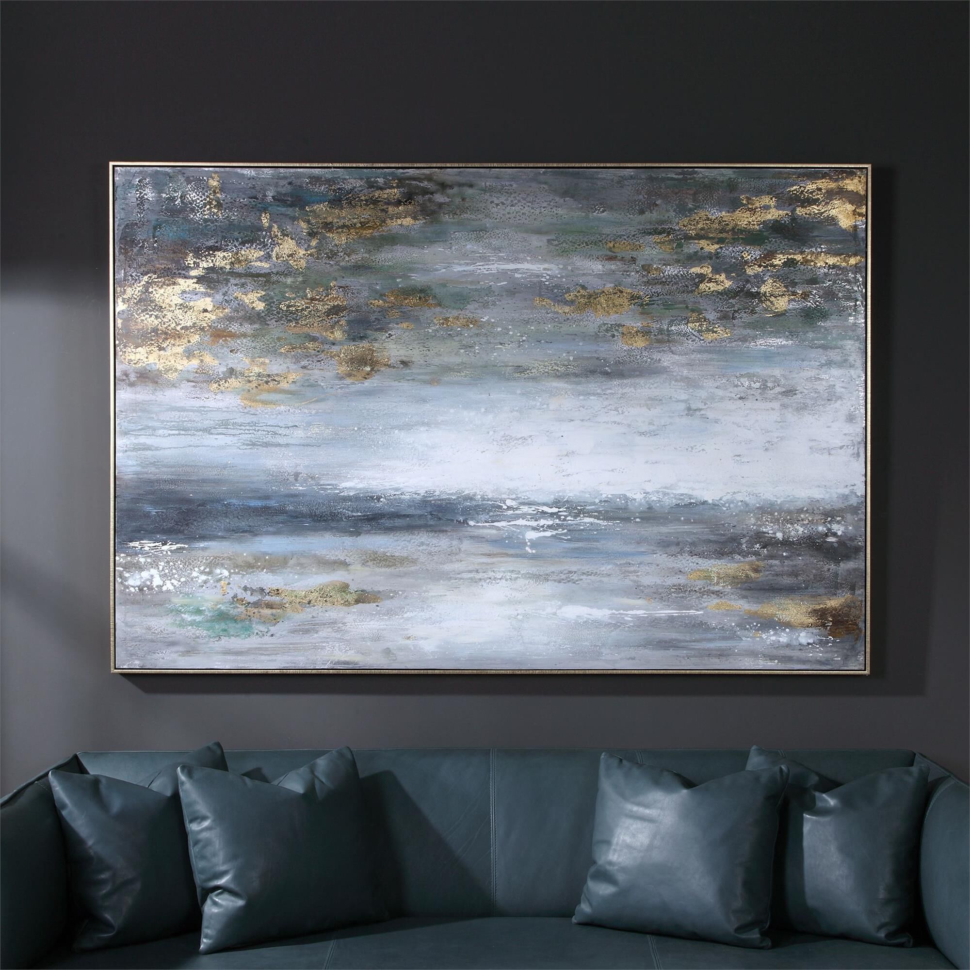 Shown in Gold Gallery Frame, Horizontal Only, Grays, White, Blue, Green Highlights, Some Browns With Gold Lea finish