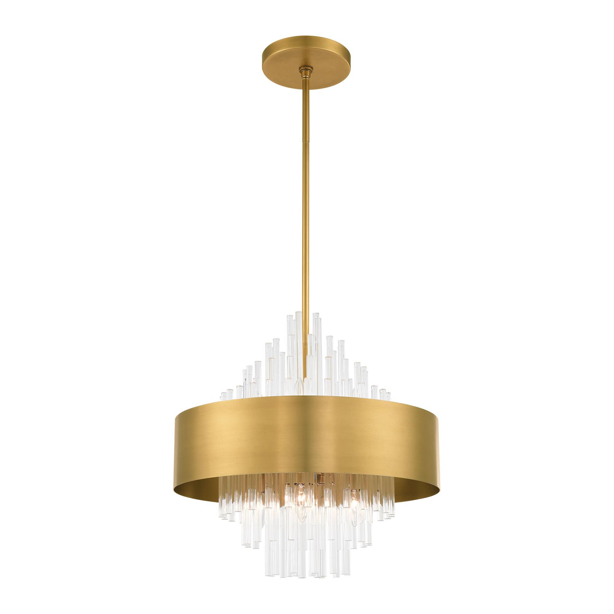 Shown in Natural Brass finish and Natural Brass Drum Shade With Clear Crystal Rods glass and Natural Brass Drum  With Clear Crystal Rods shade