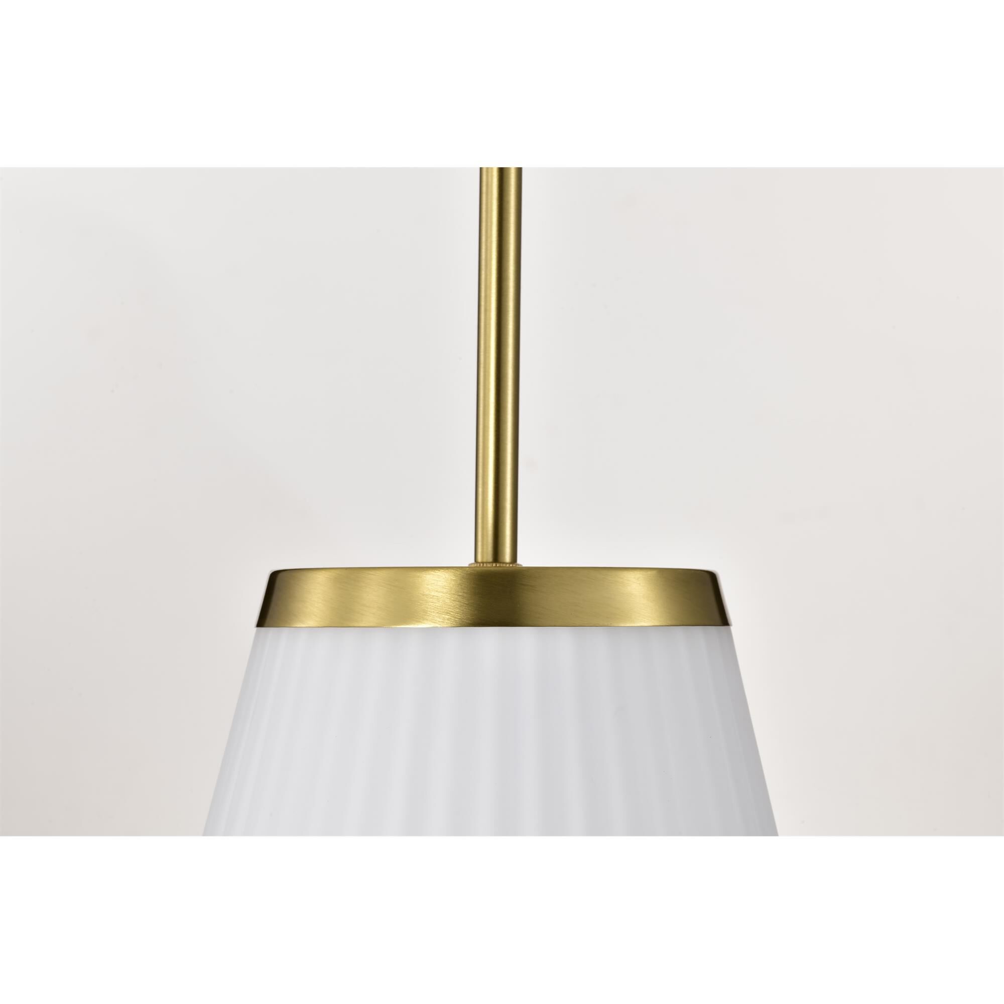 Shown in Burnished Brass finish and Ribbed White glass