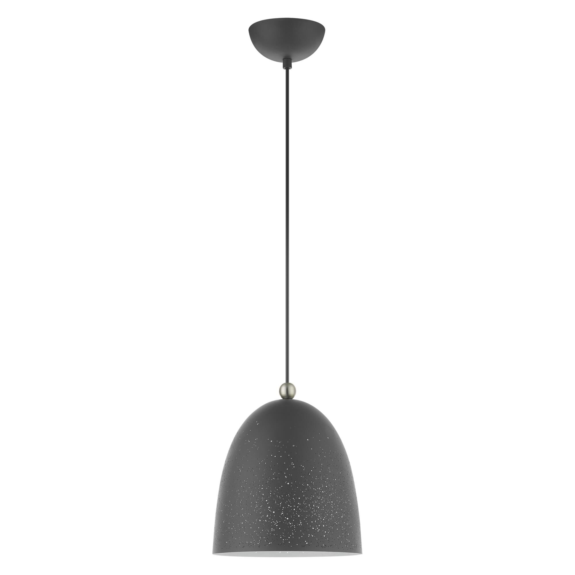 Shown in Scandinavian Gray With Brushed Nickel Accents finish and Scandinavian Gray Ornamental Metal Shade With White Finish Inside glass and Scandinavian Gray Ornamental Metal  With White Finish Inside shade