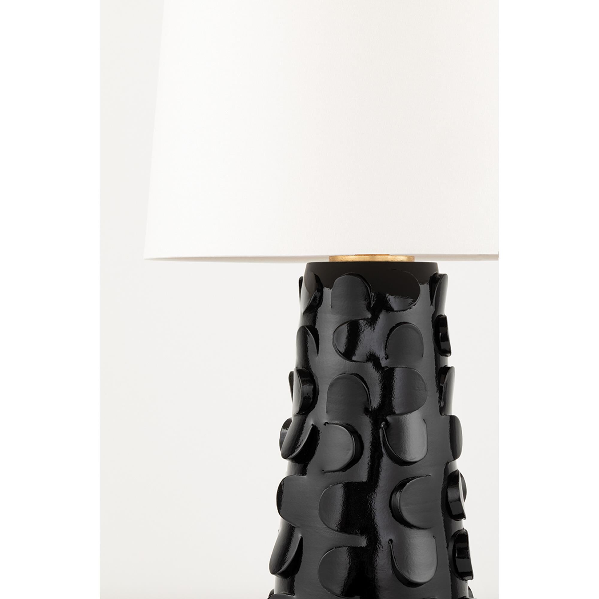 Shown in Black Lustro - Gold Leaf Combo finish and Off White Belgian Linen shade