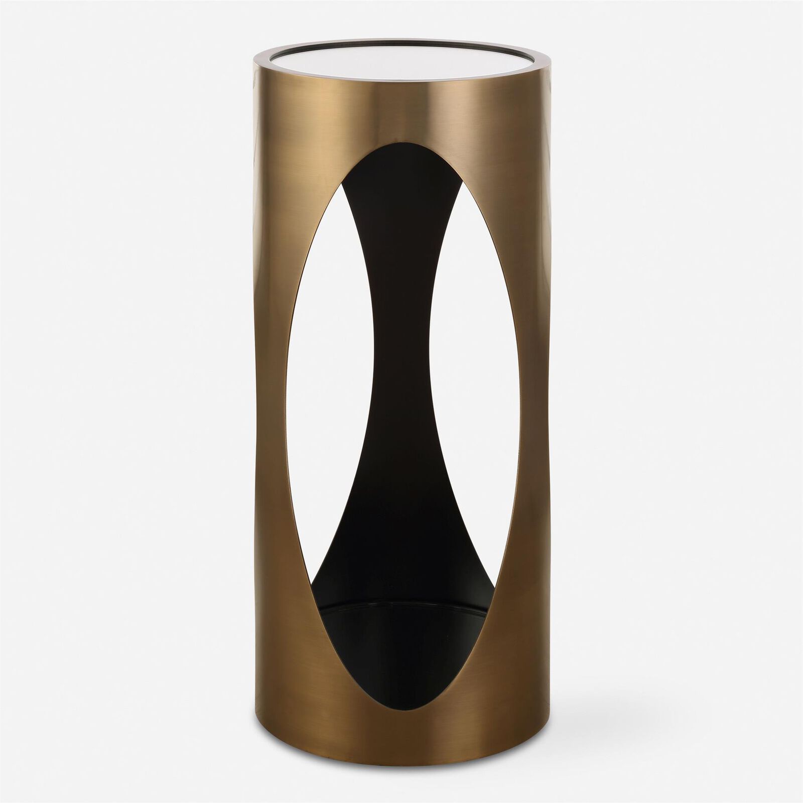 Tall, cylindrical end table with a metallic gold finish and a black interior cutout.