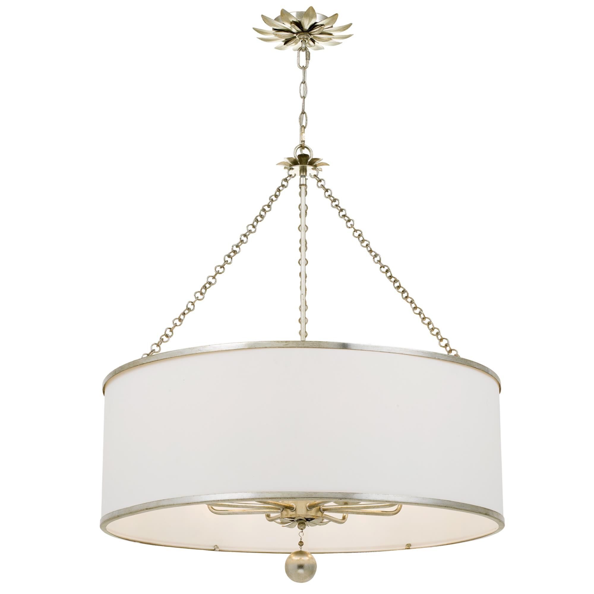 Shown in Antique Silver finish and Silk glass and White shade