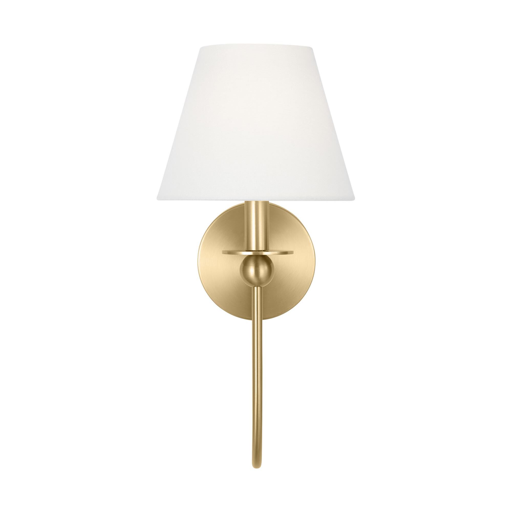 Shown in Satin Brass finish and White Linen shade
