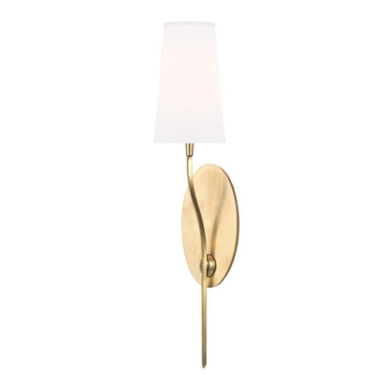 Shown in Aged Brass finish and White Faux Silk shade
