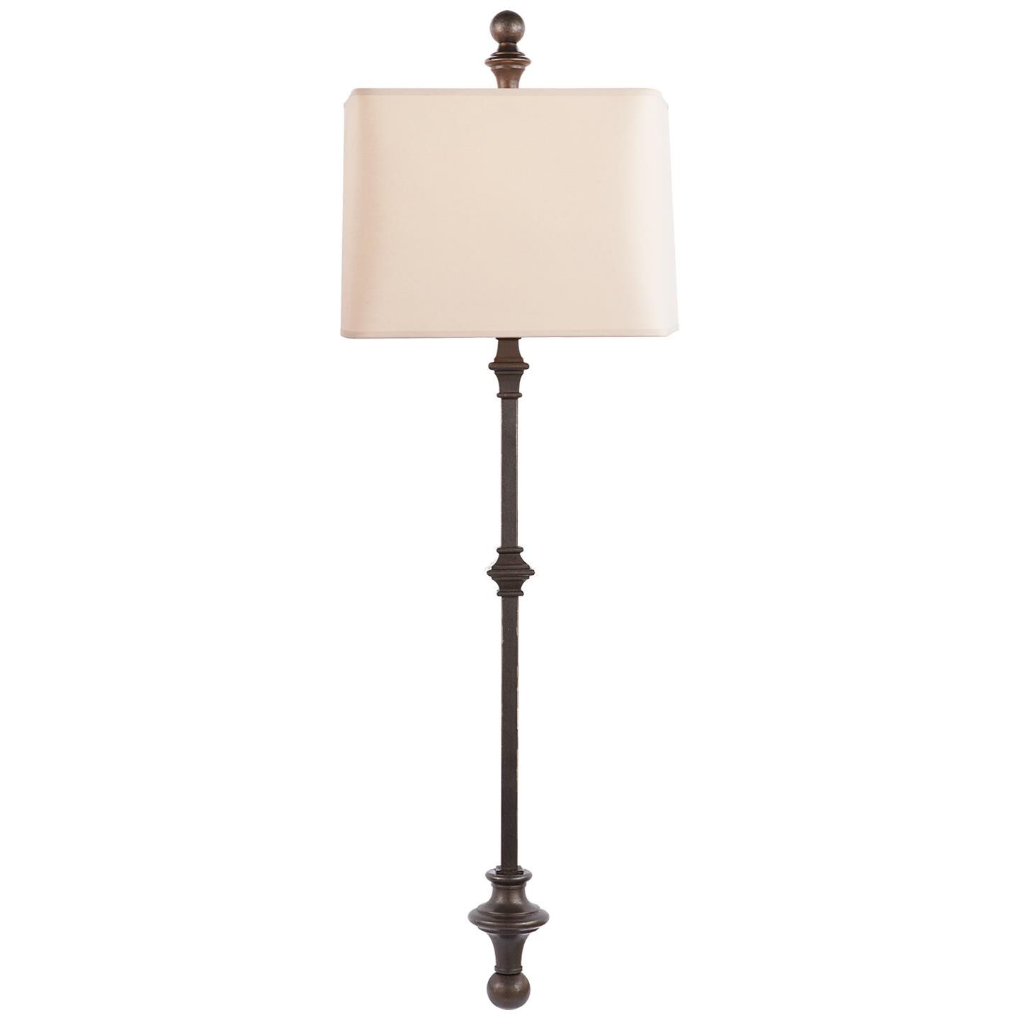 Shown in Aged Iron finish and Natural Paper Shield shade 