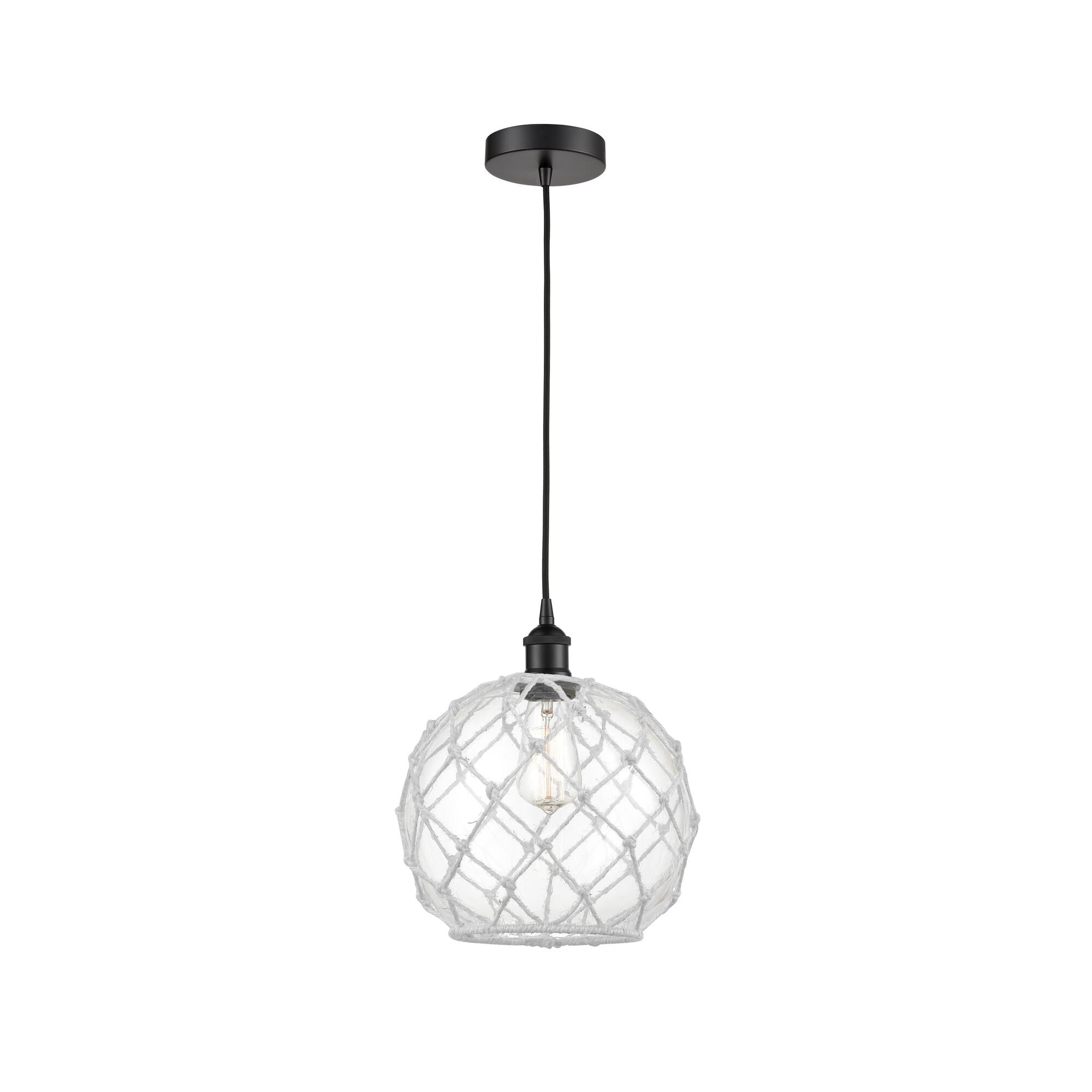 Shown in Matte Black finish and Clear Large Farmhouse With White Rope glass