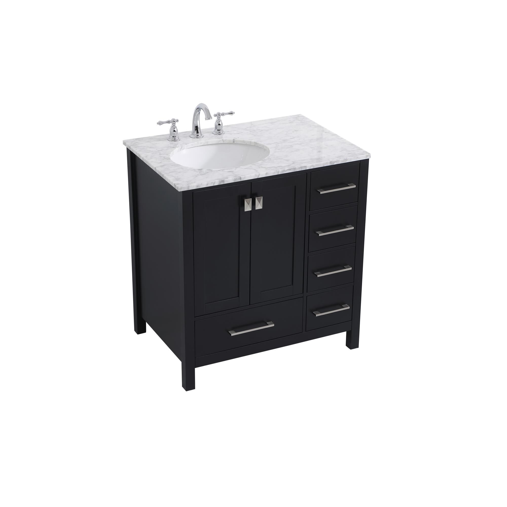 Shown in Black And Brushed Nickel With Carrara White Marble finish