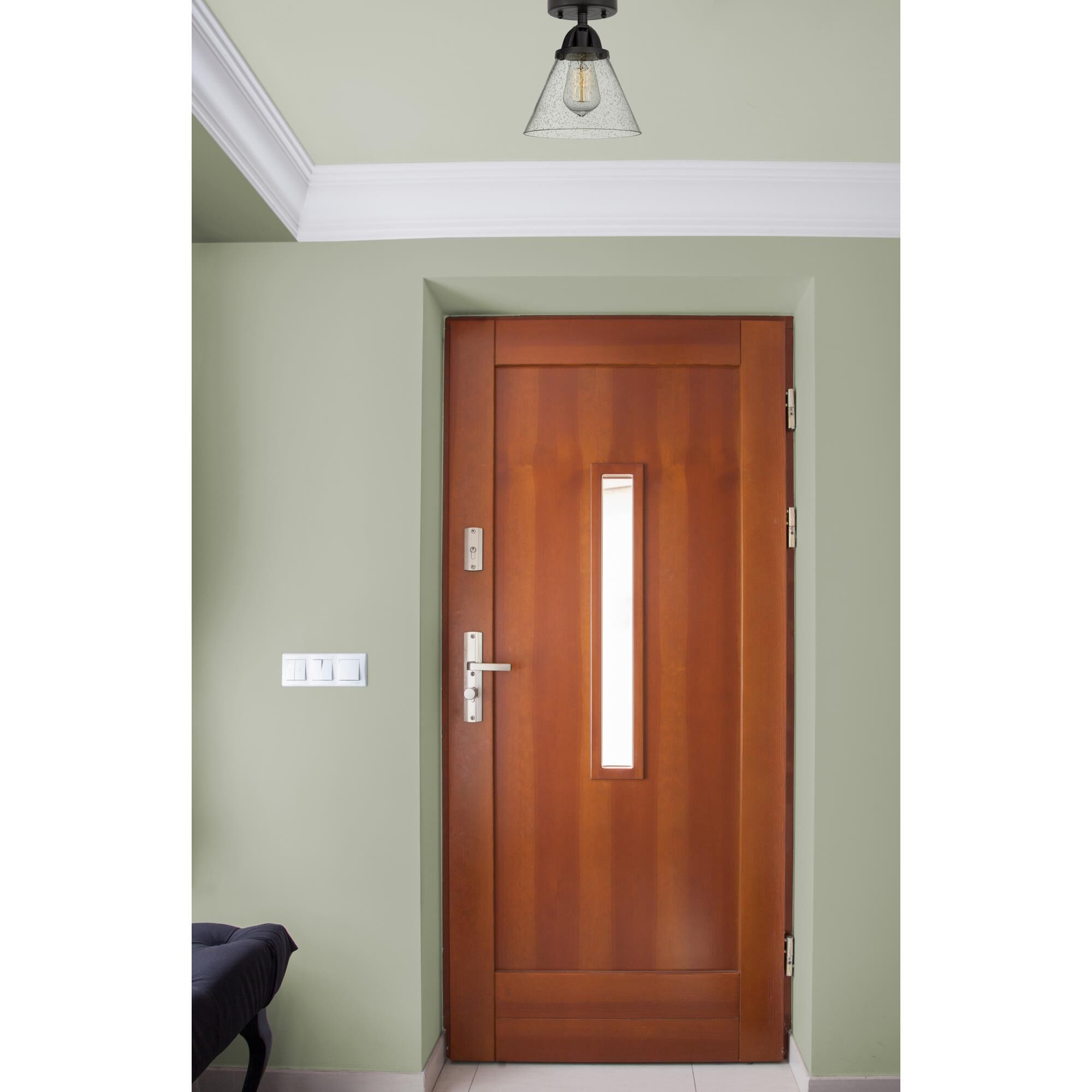 Shown in Matte Black finish and Seedy Large Cone glass and No Shade shade