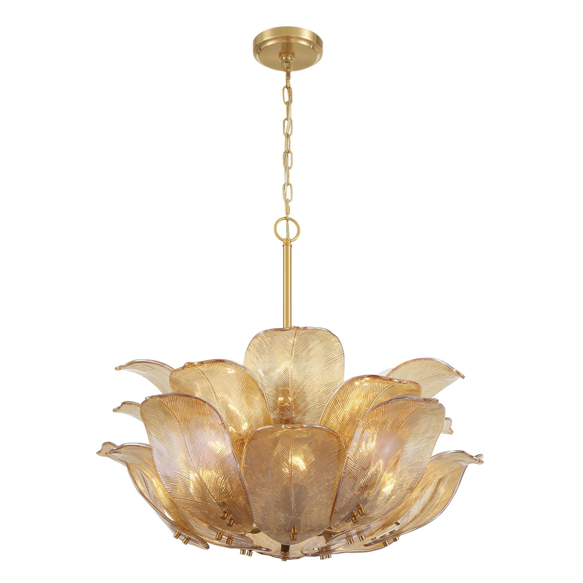 Shown in Legacy Brass finish and Amber Handmade glass