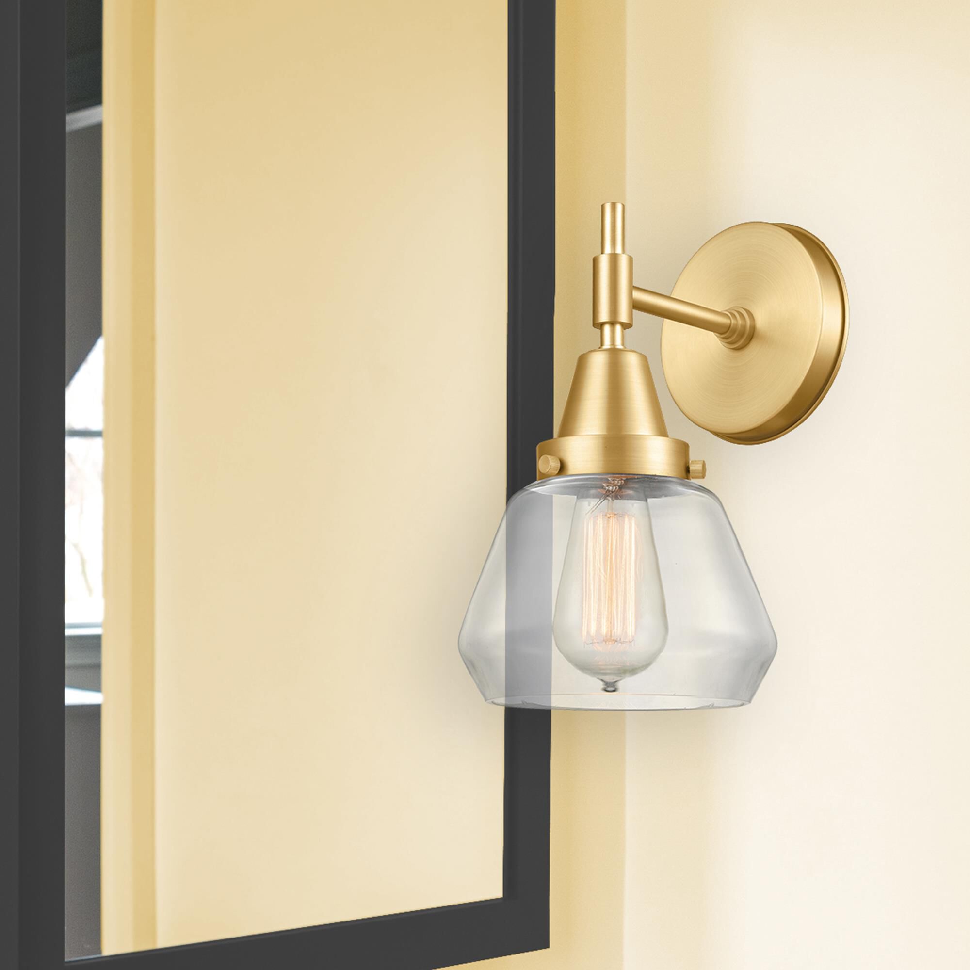 Shown in Satin Gold finish and Clear Fulton glass
