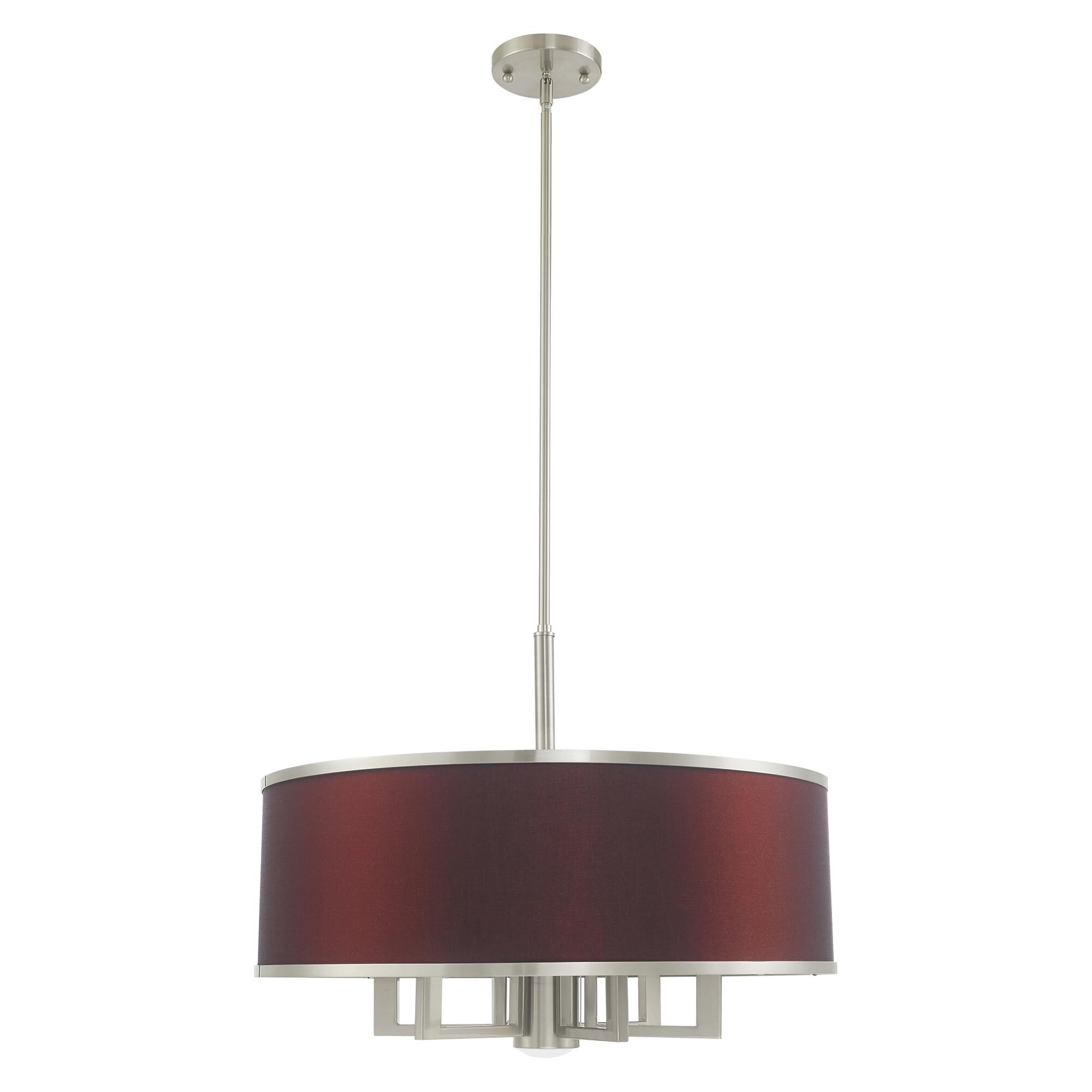 Shown in Brushed Nickel finish and Hand Crafted Red Wine Fabric Hardback shade