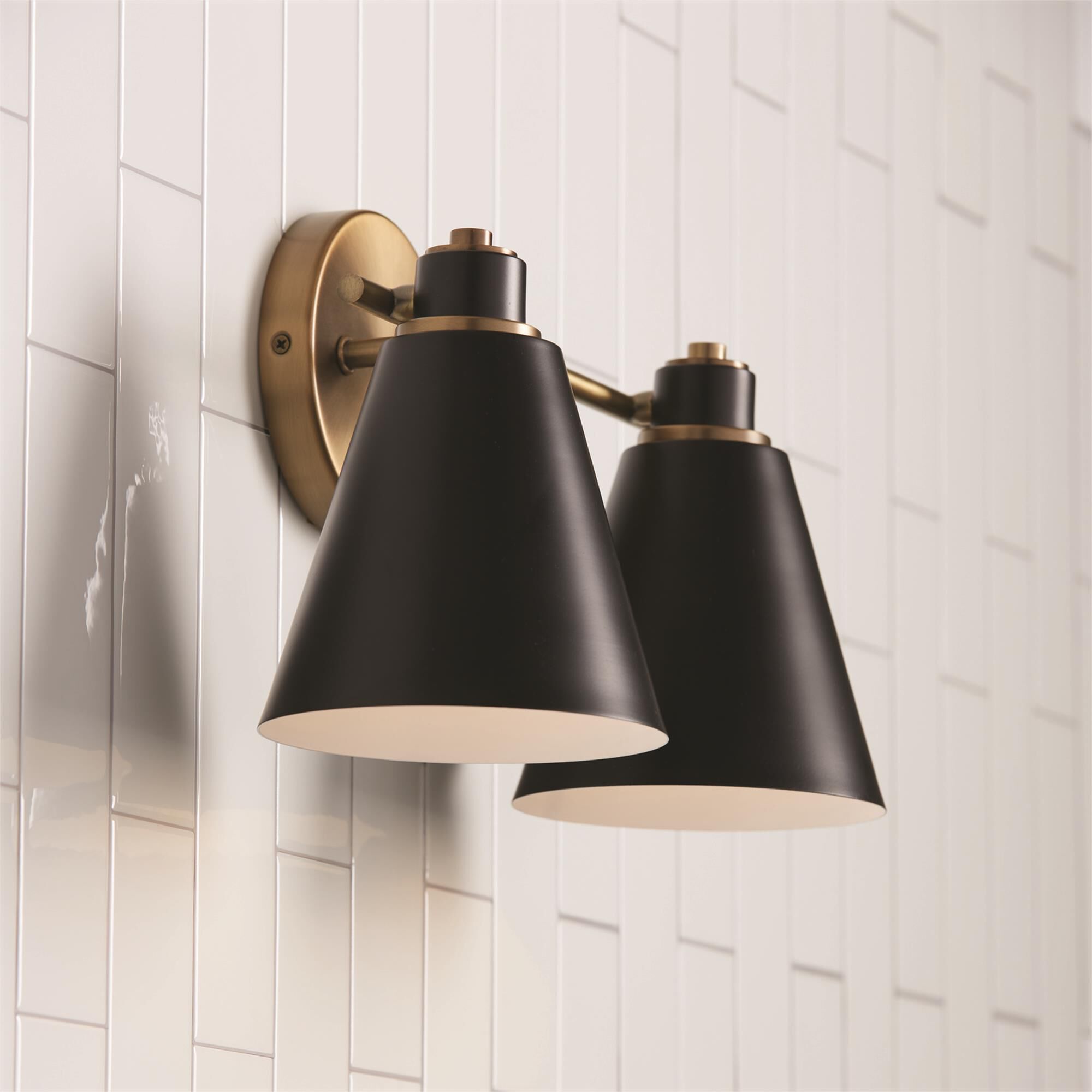 Shown in Aged Brass and Black finish and Black Metal  with White Interior shade