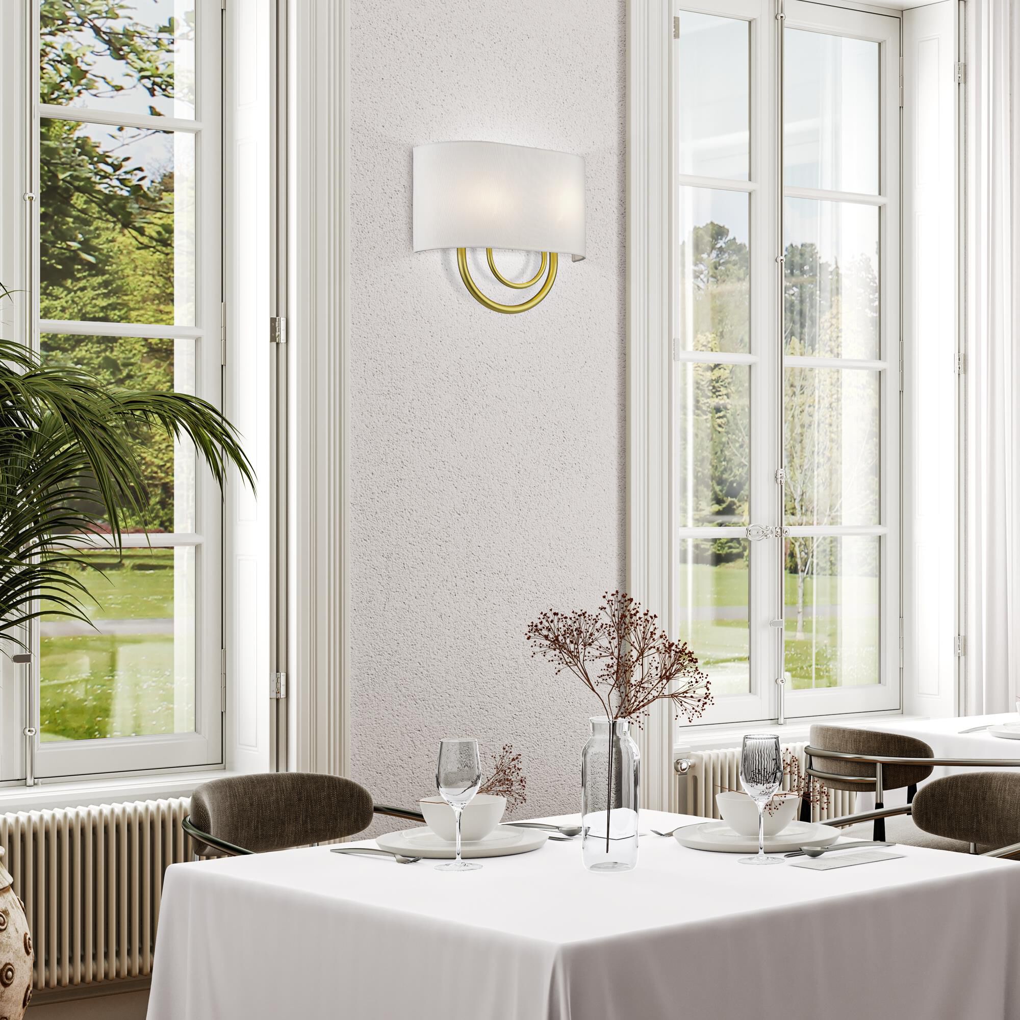 Shown in Soft Gold finish and Hand Crafted Off-White Fabric Hardback with White Fabric Inside shade