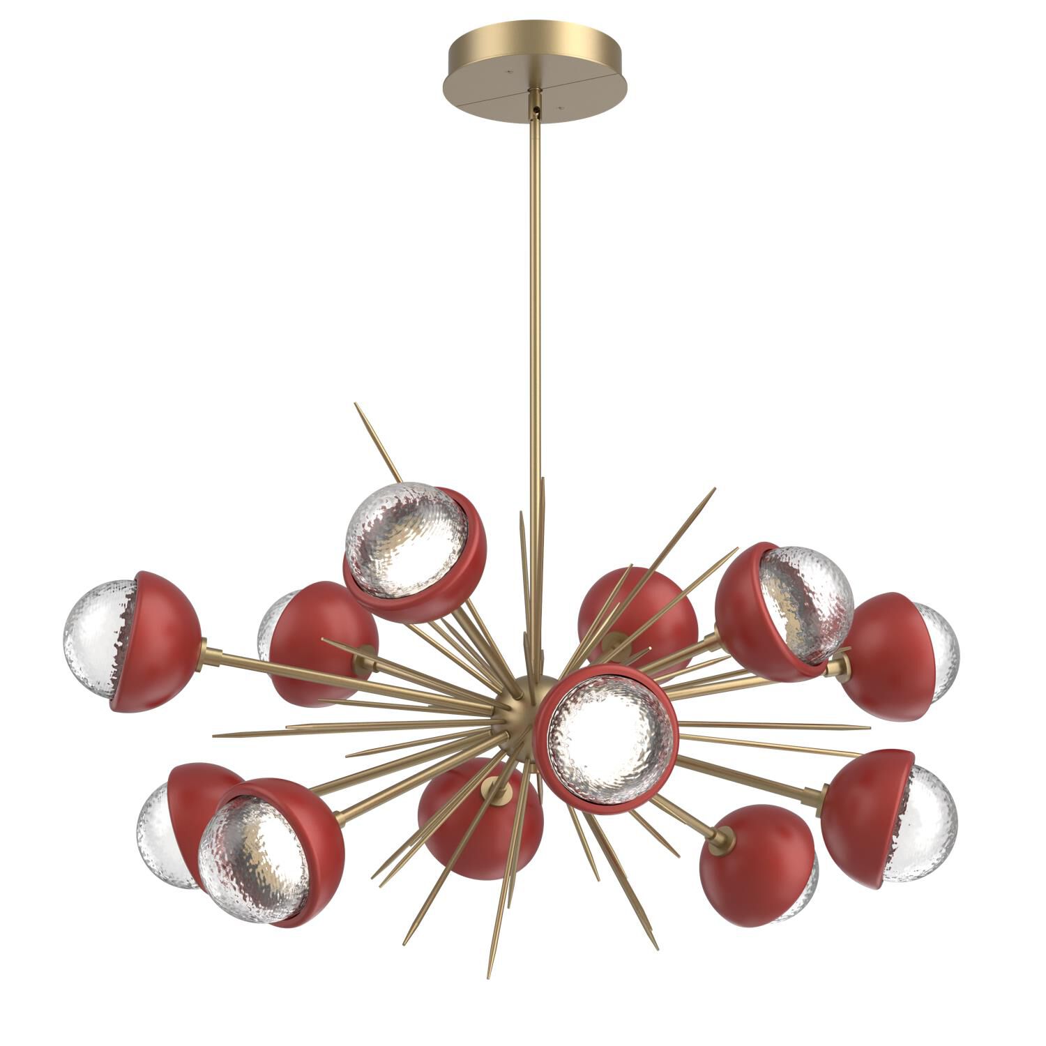 Shown in Gilded Brass finish and Clear glass and Cinnamon Red accent