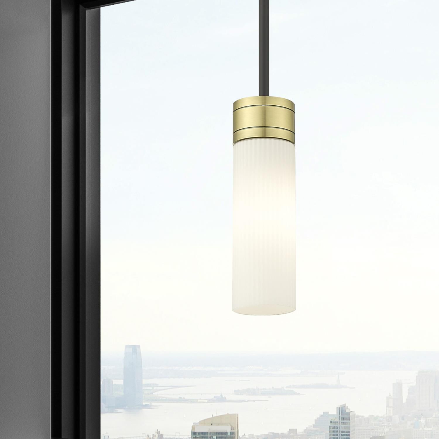 Shown in Black Antique Brass finish and Striped White glass