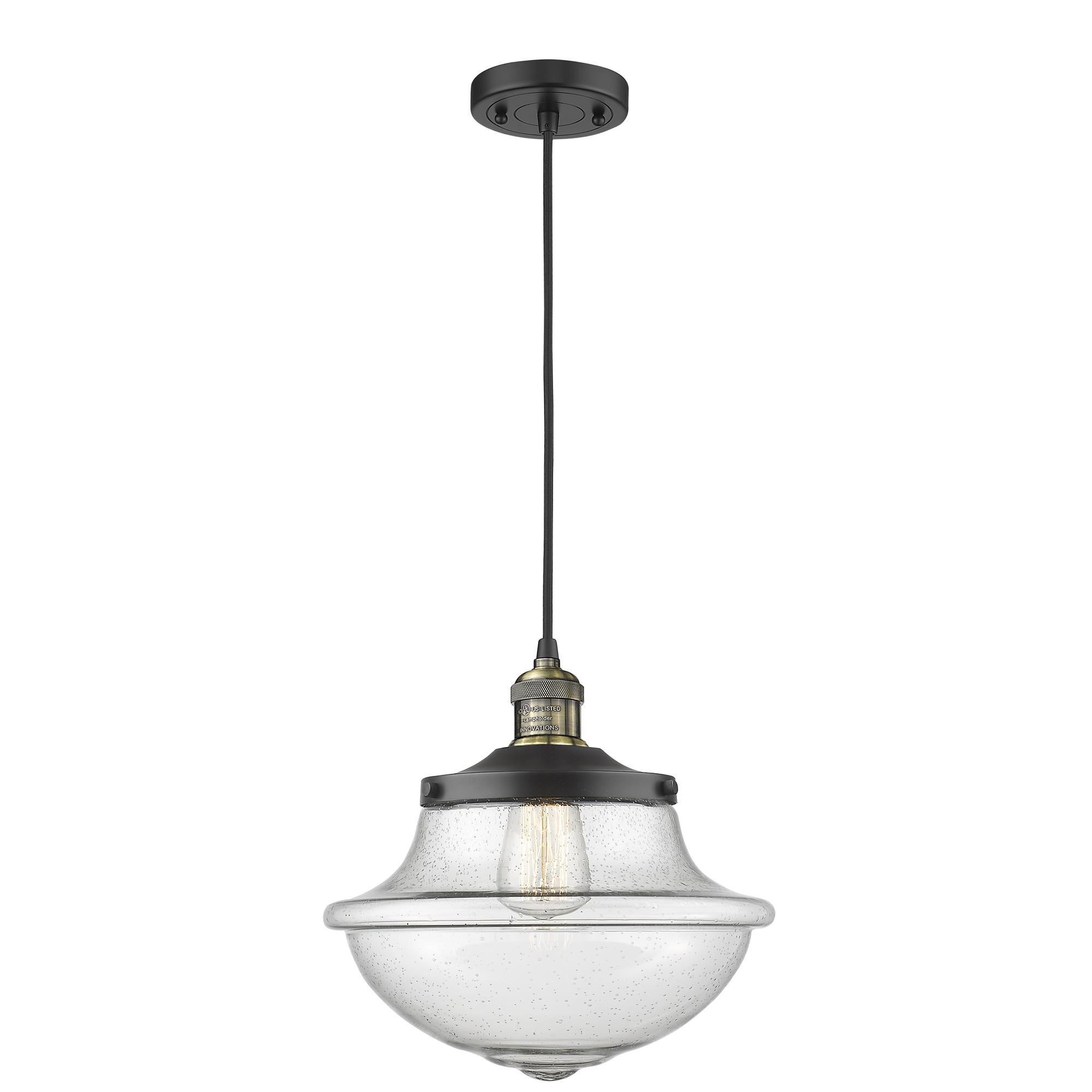 Shown in Black Antique Brass finish and Seedy glass