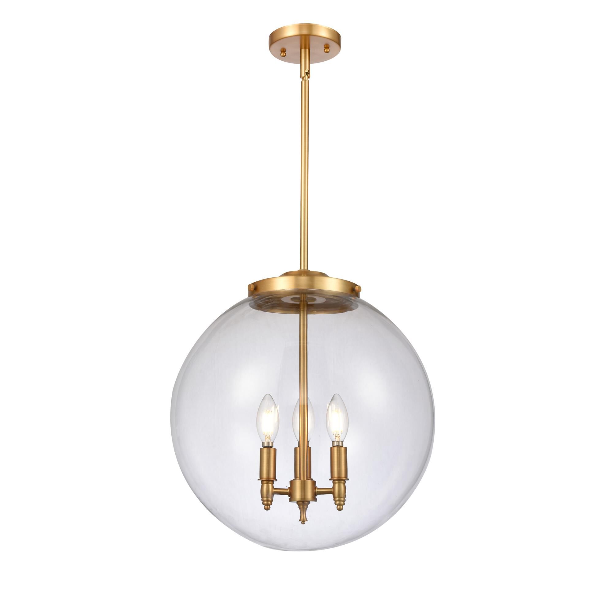 Shown in Satin Gold finish and Clear Beacon glass