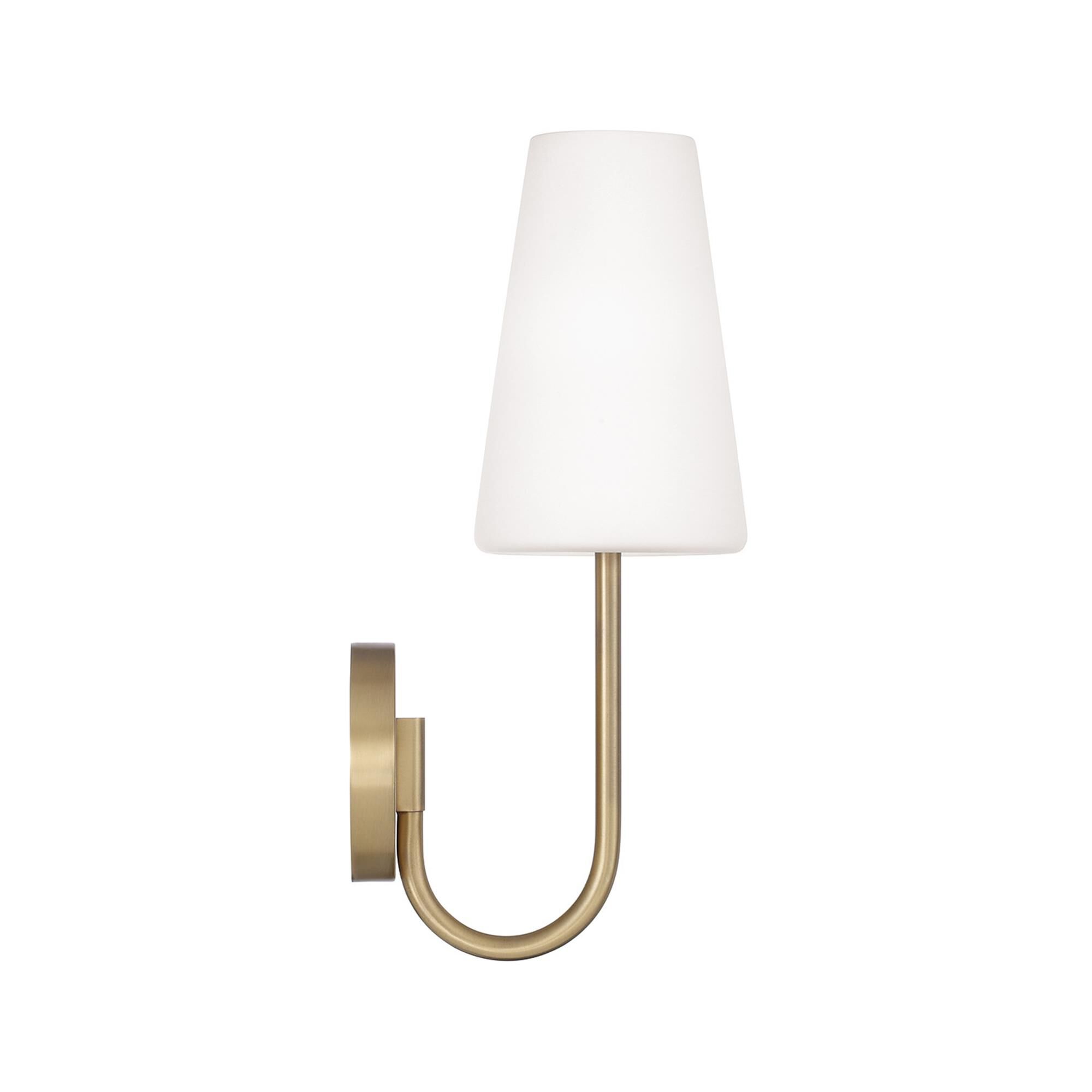 Shown in Aged Brass finish and Soft White glass