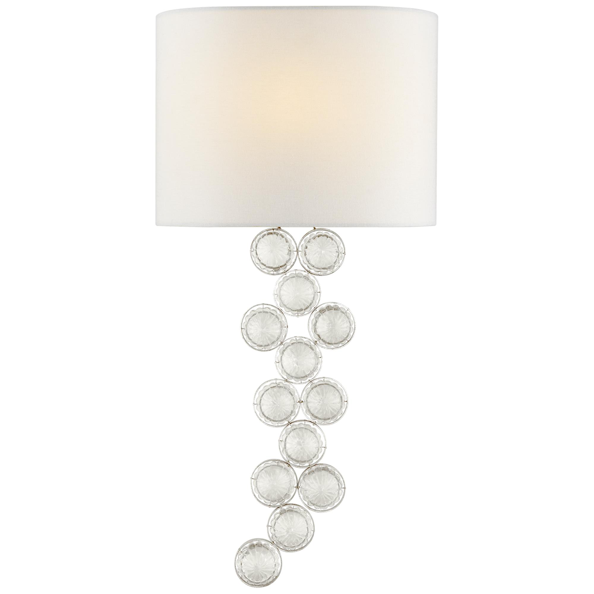 Shown in Burnished Silver Leaf And Crystal finish and Linen shade
