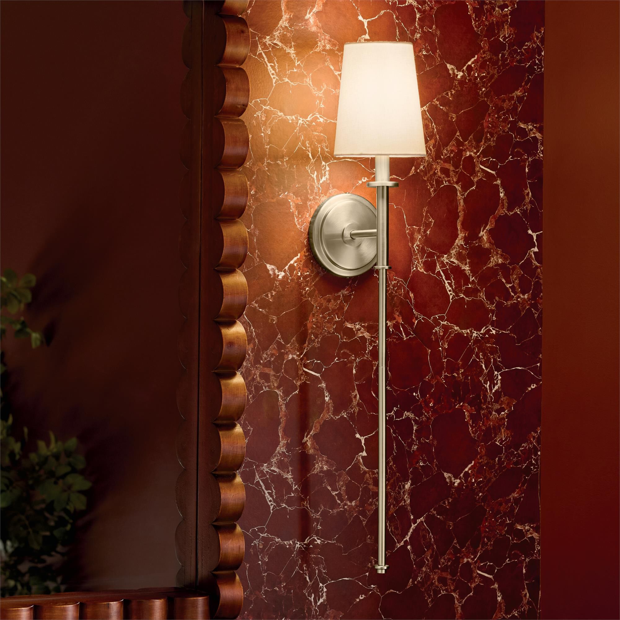 Shown in Champagne Bronze finish and Fabric shade