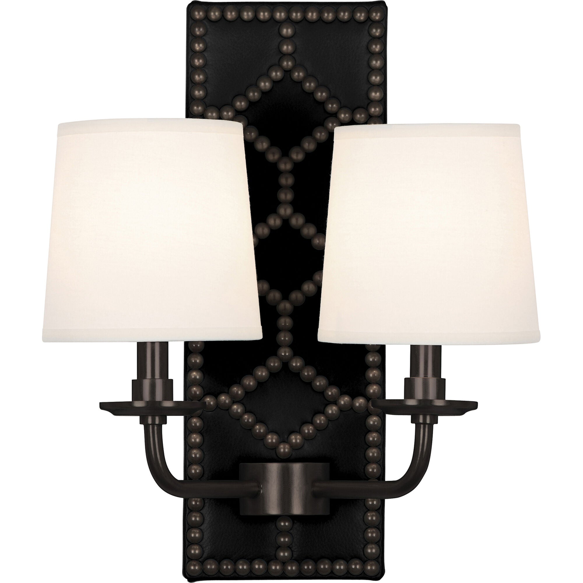 Shown in Upholstered Blacksmith Black Leather and Deep Patina Bronze finish and Fondine Fabric shade