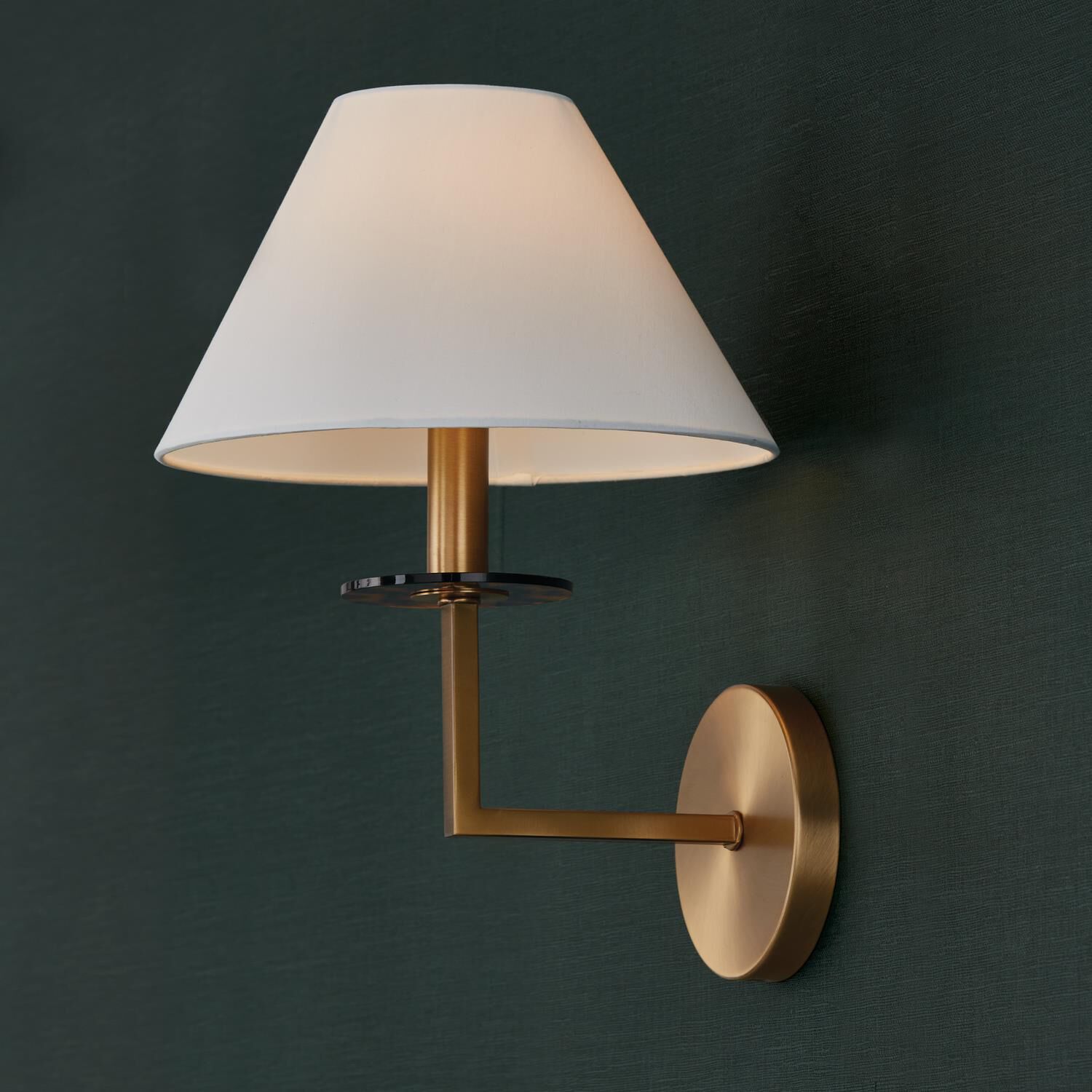 Shown in Aged Brass finish and White Fabric Stay-Straight shade