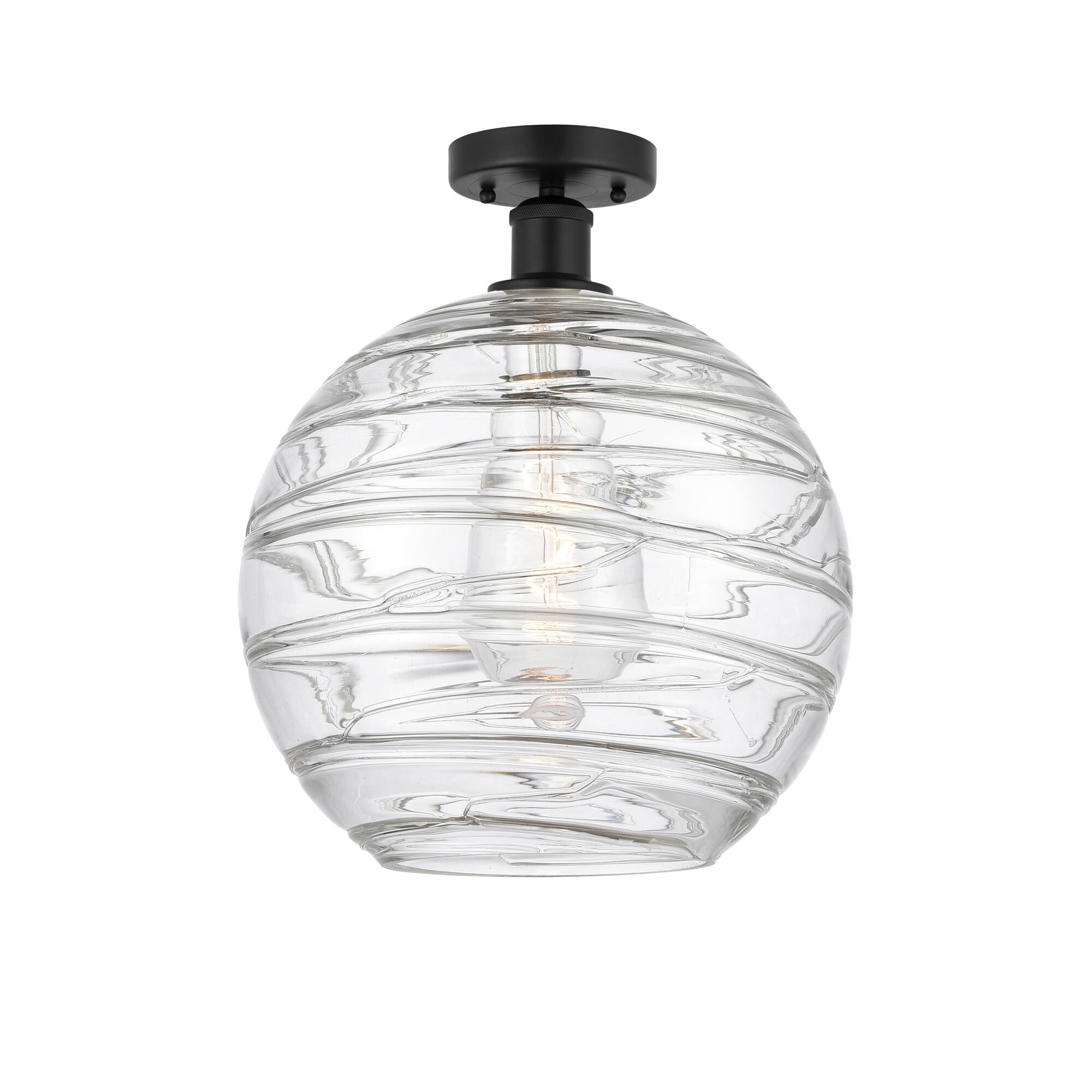 Shown in Matte Black finish and Clear Deco Swirl glass