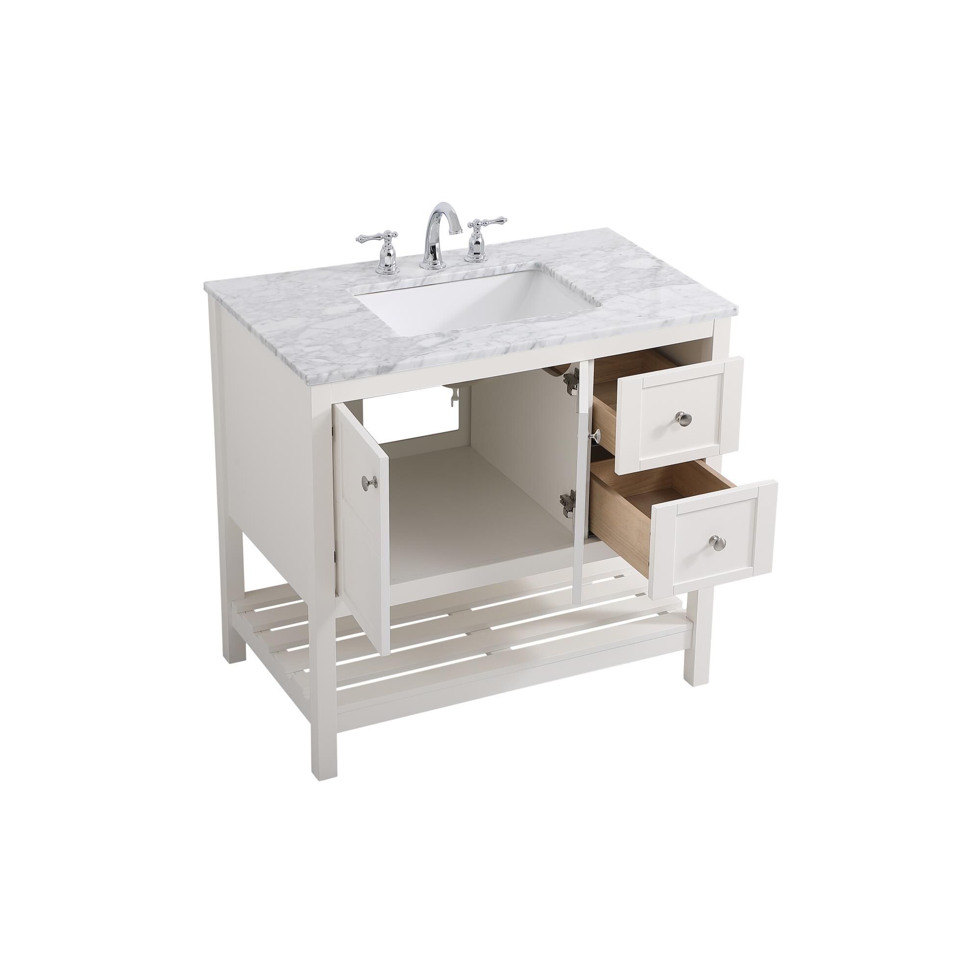 Shown in White And Brushed Nickel With Carrara White Marble finish